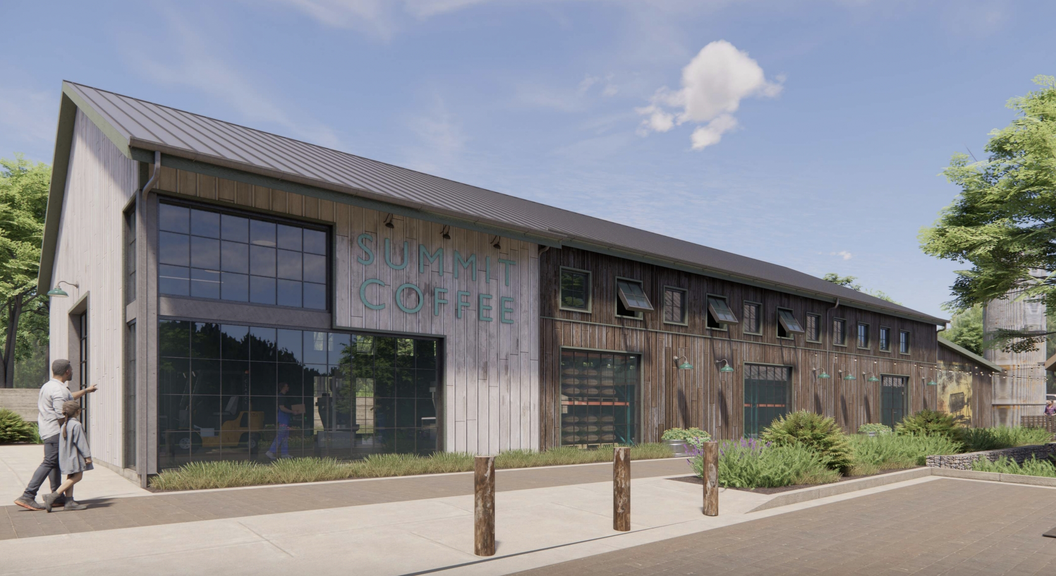 Exterior of Summit Coffee shop with large glass windows, wooden siding, and a sign, surrounded by greenery and a clear blue sky.