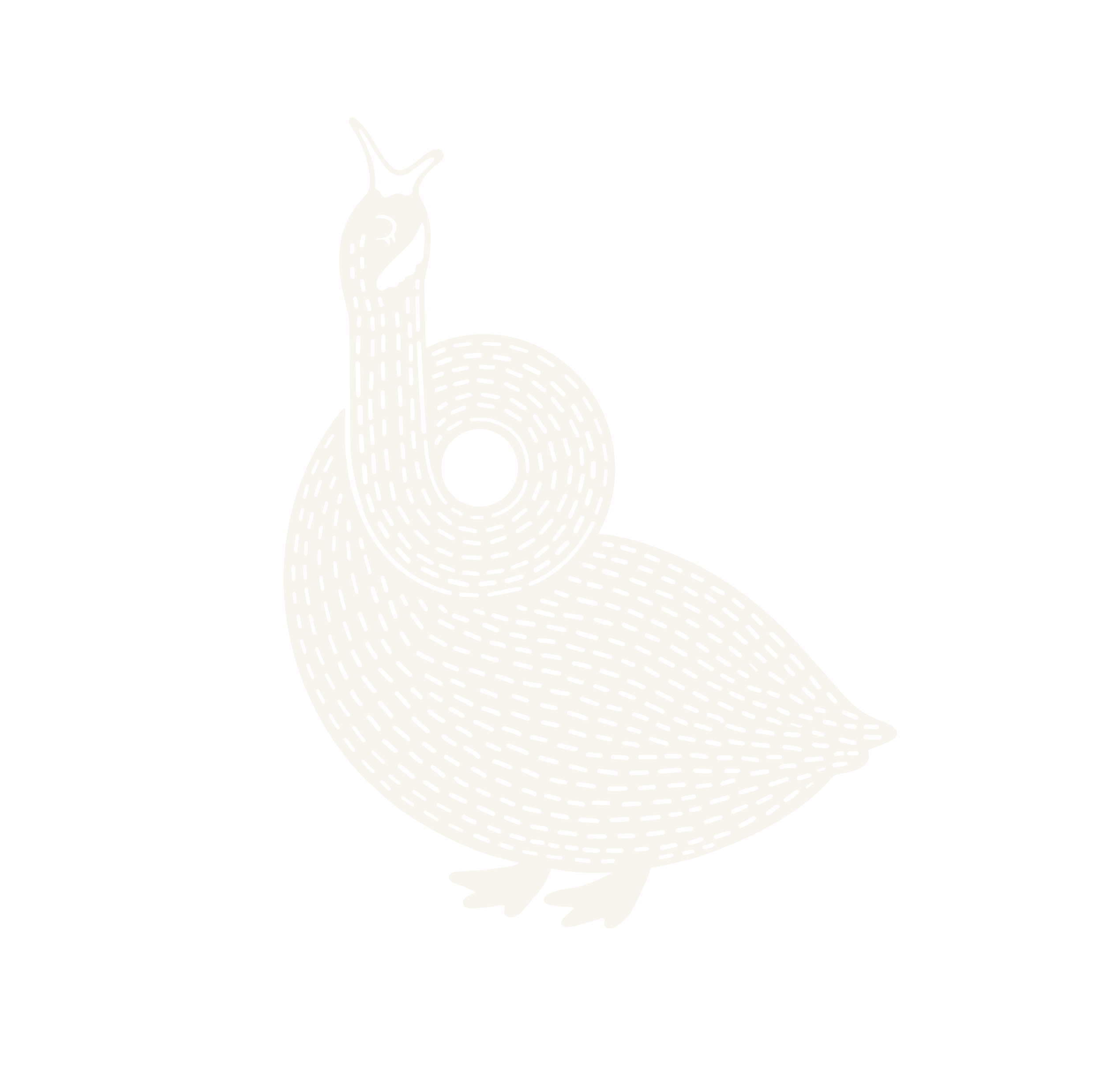 In beige: Line drawing of a goose with a curled neck, two feet, a small beak, and an eye, decorated with dotted and dashed patterns.