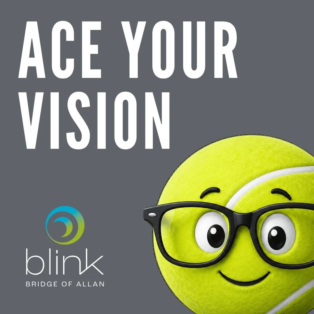 Ace your vision poster with Blink logo and glasses-wearing tennis ball mascot "Boris Specker"