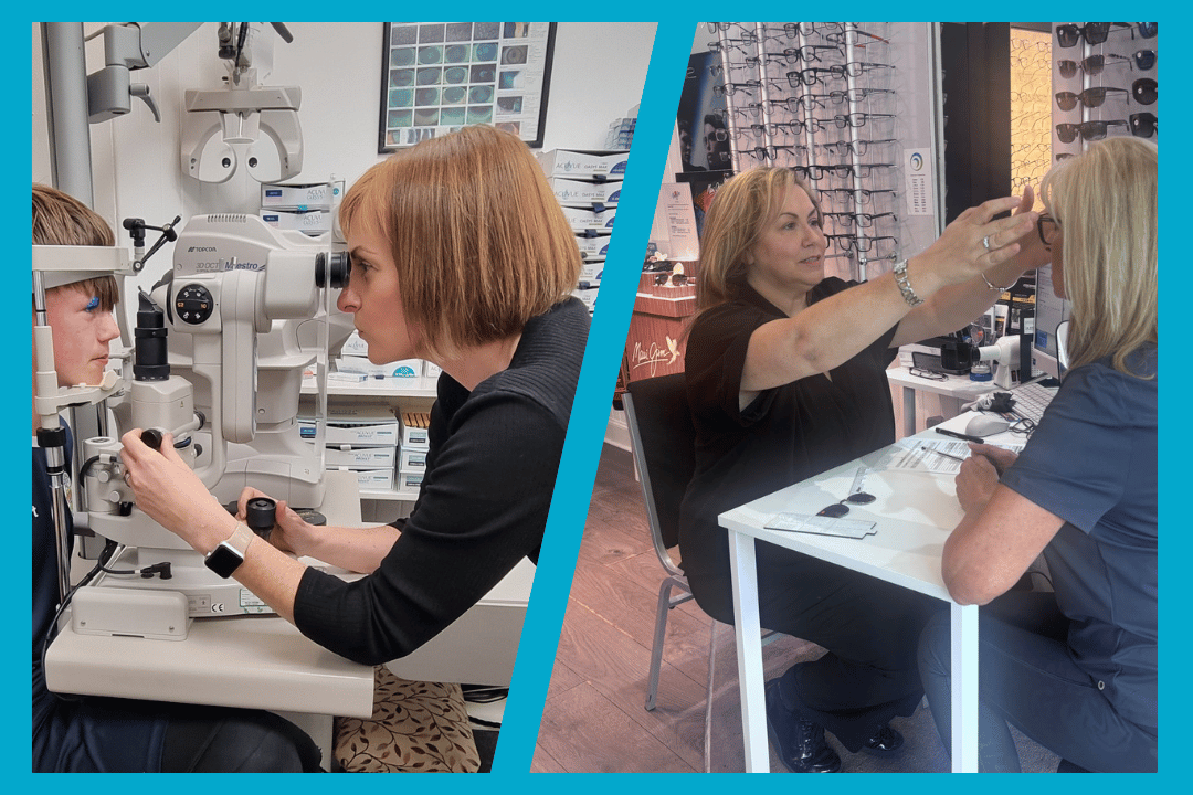 Image showing Optometrist Laura using a slit lamp camera on a patient and Dispensing Optician Mandy checking frames on a patient in the Blink practice in Bridge of Allan
