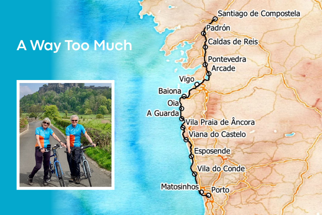 Map of the Coastal Camino Portuguese with an insert photo of Linda and Kevin, patients of Blink Opticians in Bridge of Allan who are back in the saddle raising money for Strathcarron hospice.