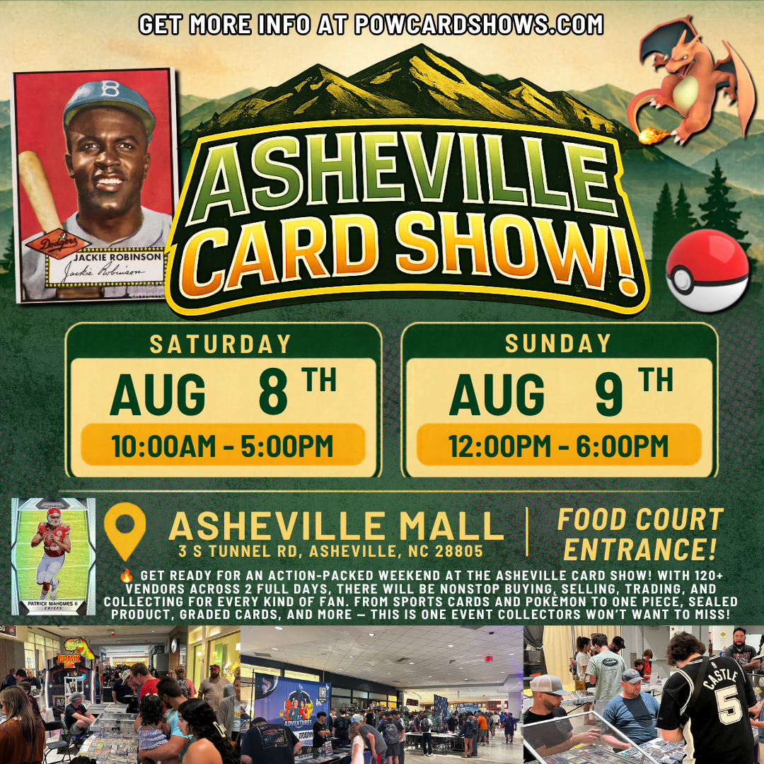 A promotional flyer for the Asheville Card Show event featuring dates, times, location at Asheville Mall, and images of collectible cards, characters, and vendors.
