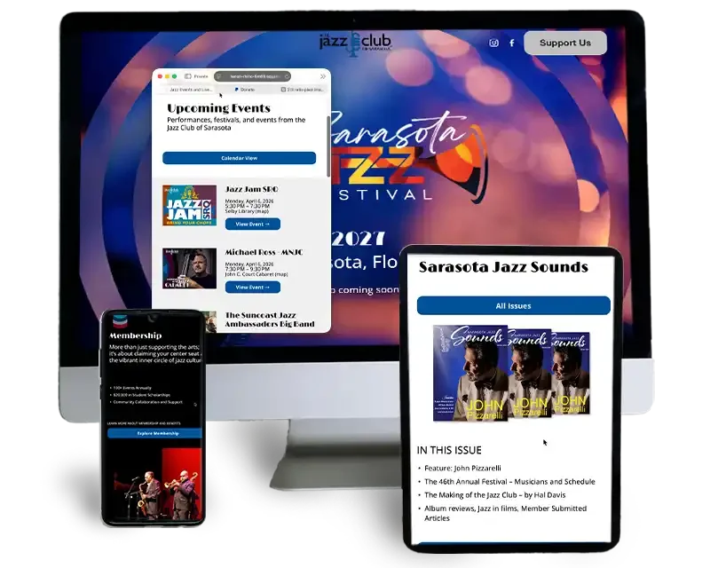 desktop, mobile phone, and tablet with Jazz Club news items