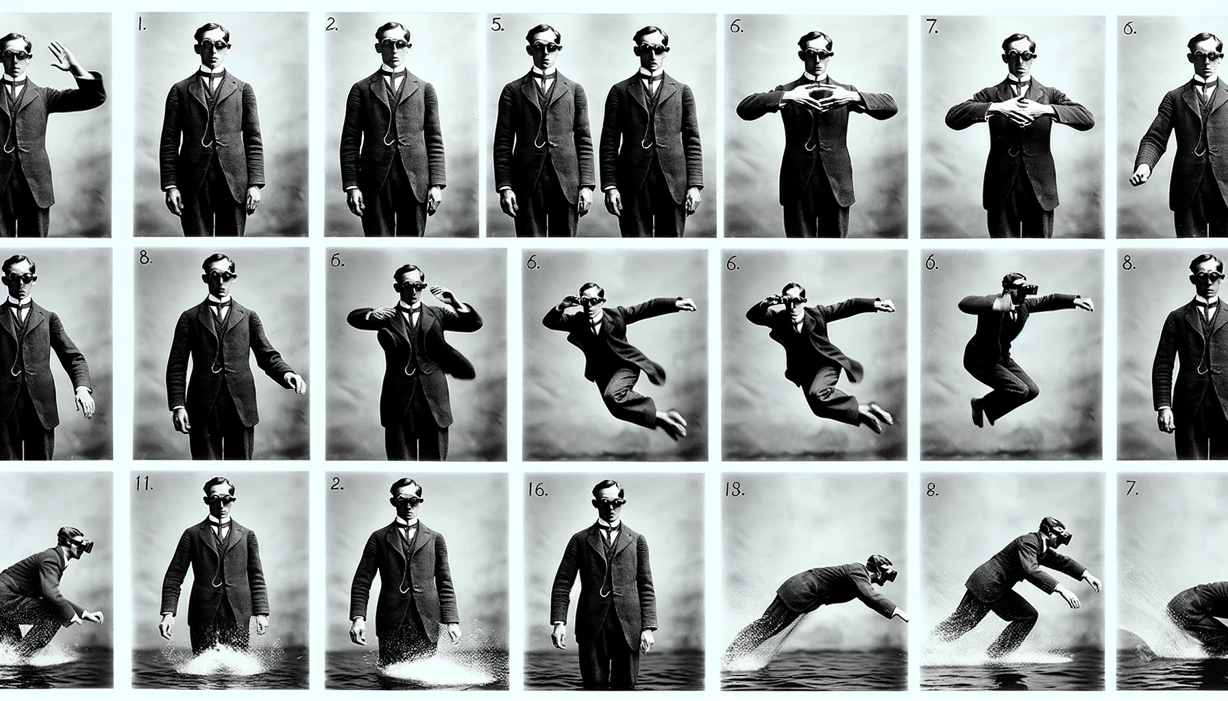 DALL·E 2023-11-23 01.23.27 - A sequence of images in the style of Eadweard Muybridge, showing a character facing the camera while performing a series of actions_ 1. Arms gracefull.png