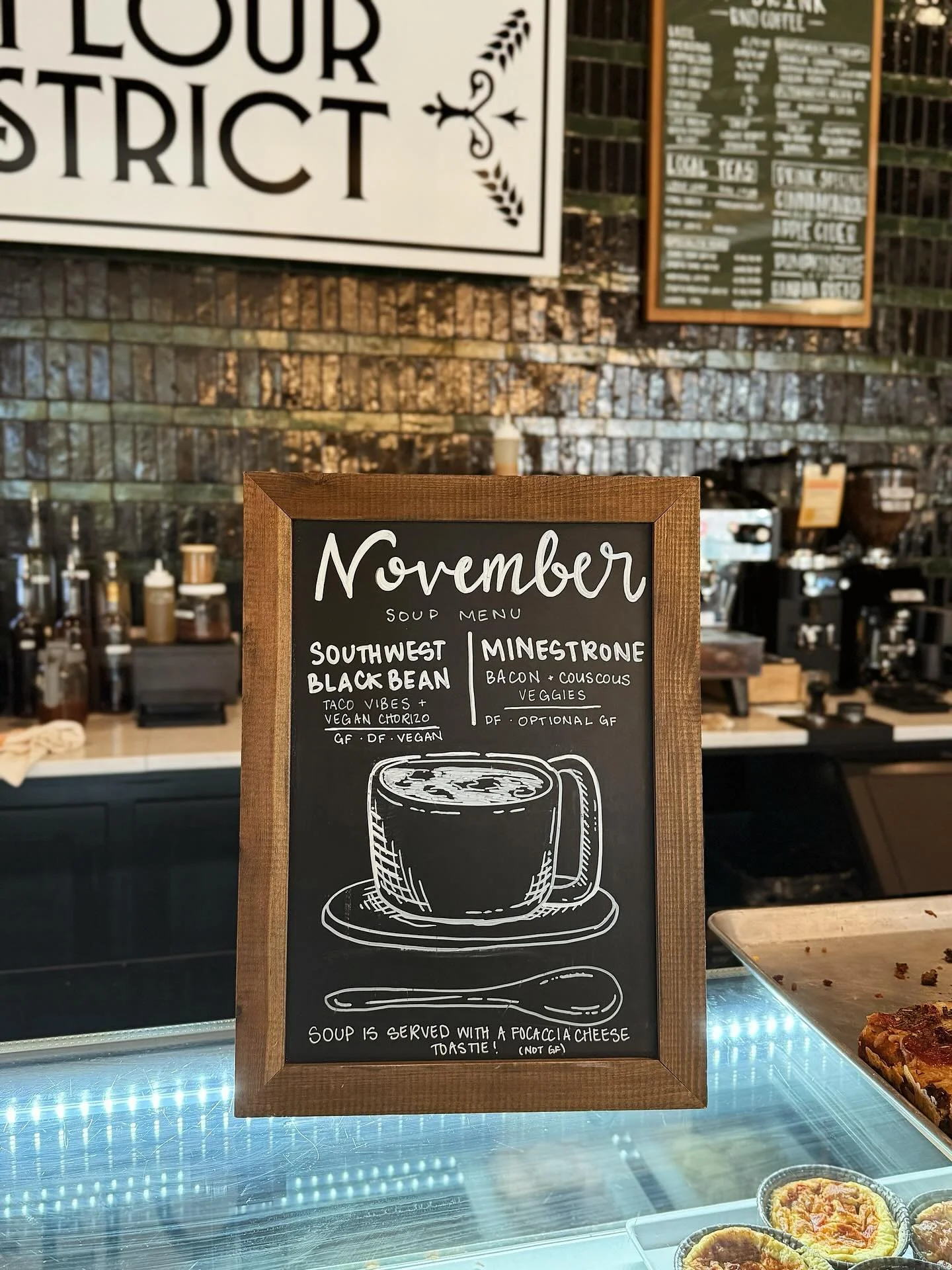 The November soups are here! Southwest Black Bean (gf, df &amp; vegan) &amp; Minestrone (df &amp; gf option). Hot &amp; ready for you at 11 each day, served with a focaccia cheese toastie! 🥣

#lynchburgva #lynchburgbakery #lyhlovesyou #flourdistrict