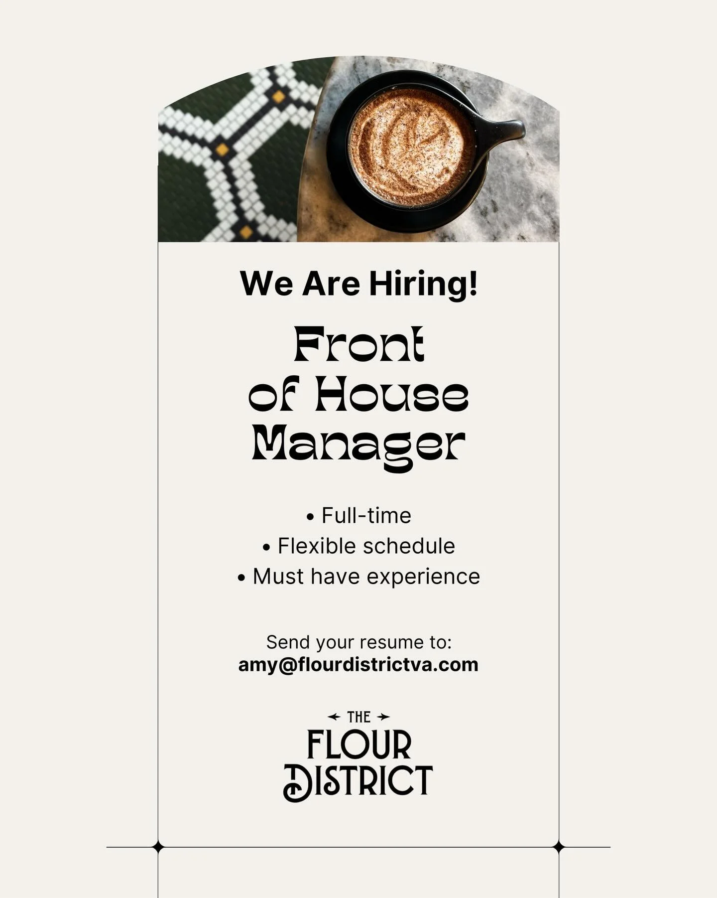 We are looking for a Front of House Manager to join our team! Reach out today to apply and connect with us: amy@flourdistrictva.com 🥐☕️