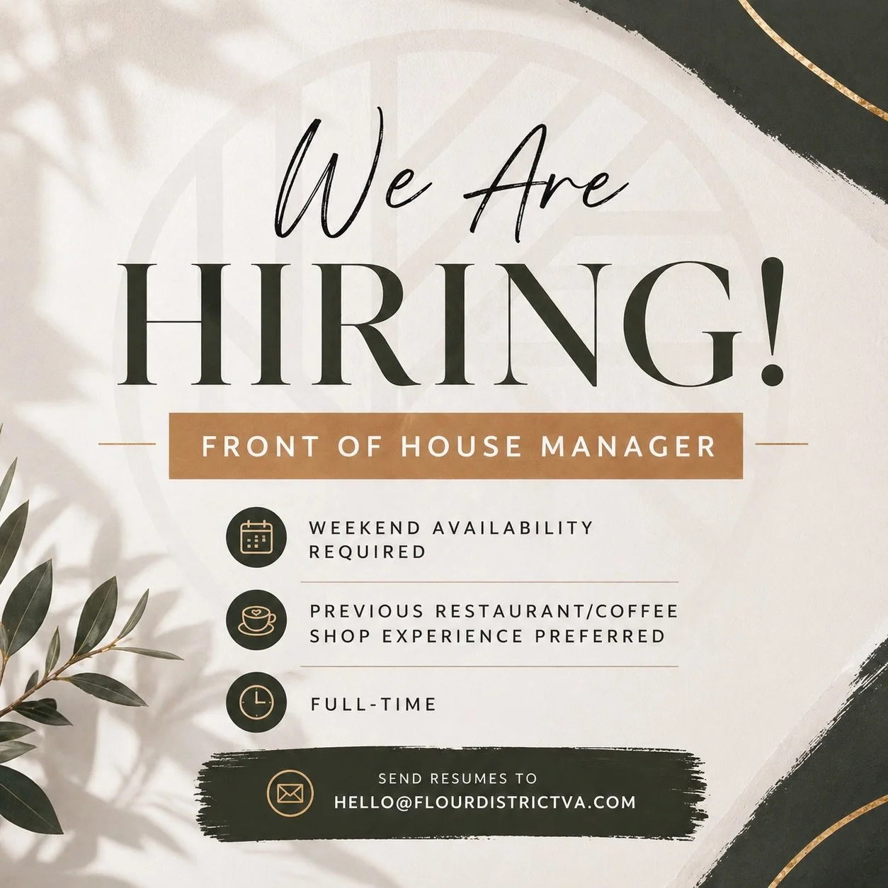 Hey friends - we are hiring! Want to join our team? Reach out today: hello@flourdistrictva.com ☕️
