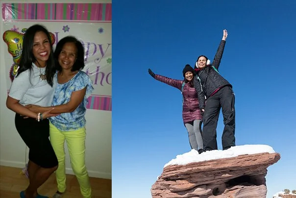 Young woman and older mother embracing. Links to external site.