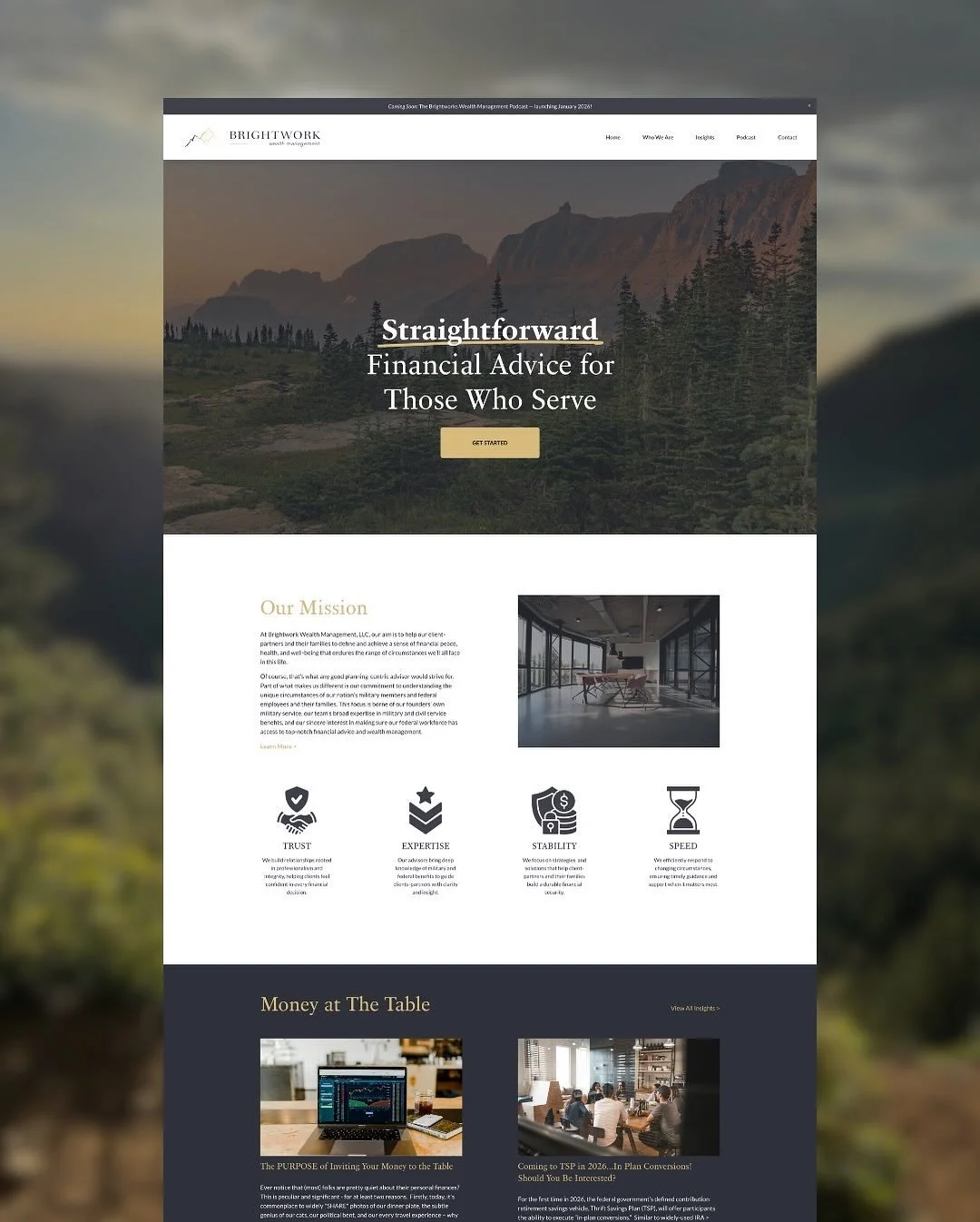 Website launch for Brightwork Wealth Management, LLC 🏔️
Founded by two brothers with Coast Guard and Air Force roots, Brightwork brings a service-first approach to financial guidance. With the Rocky Mountains as their background, their brand blends 