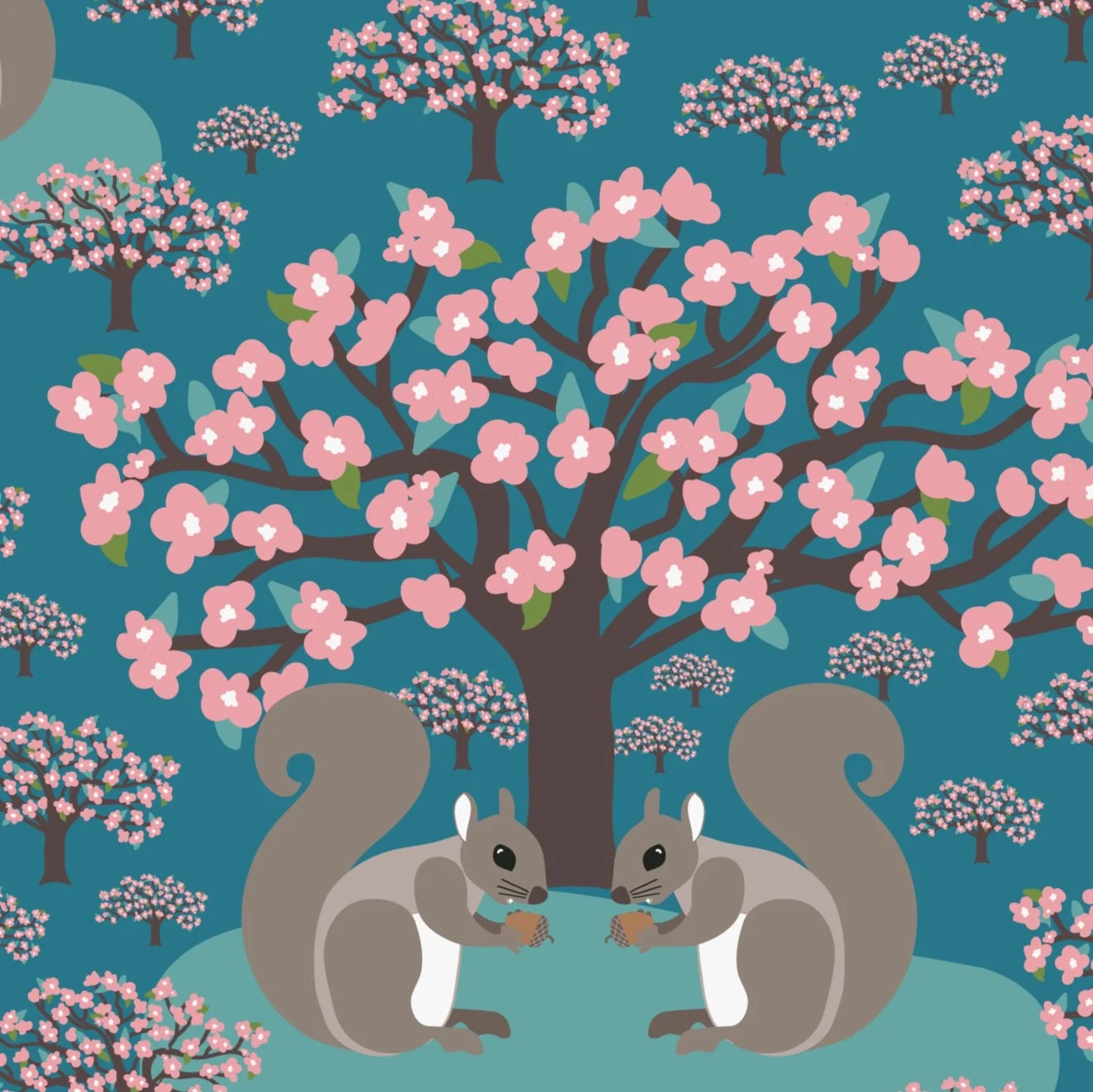 Cherry Trees with Squirrels on Turquoise