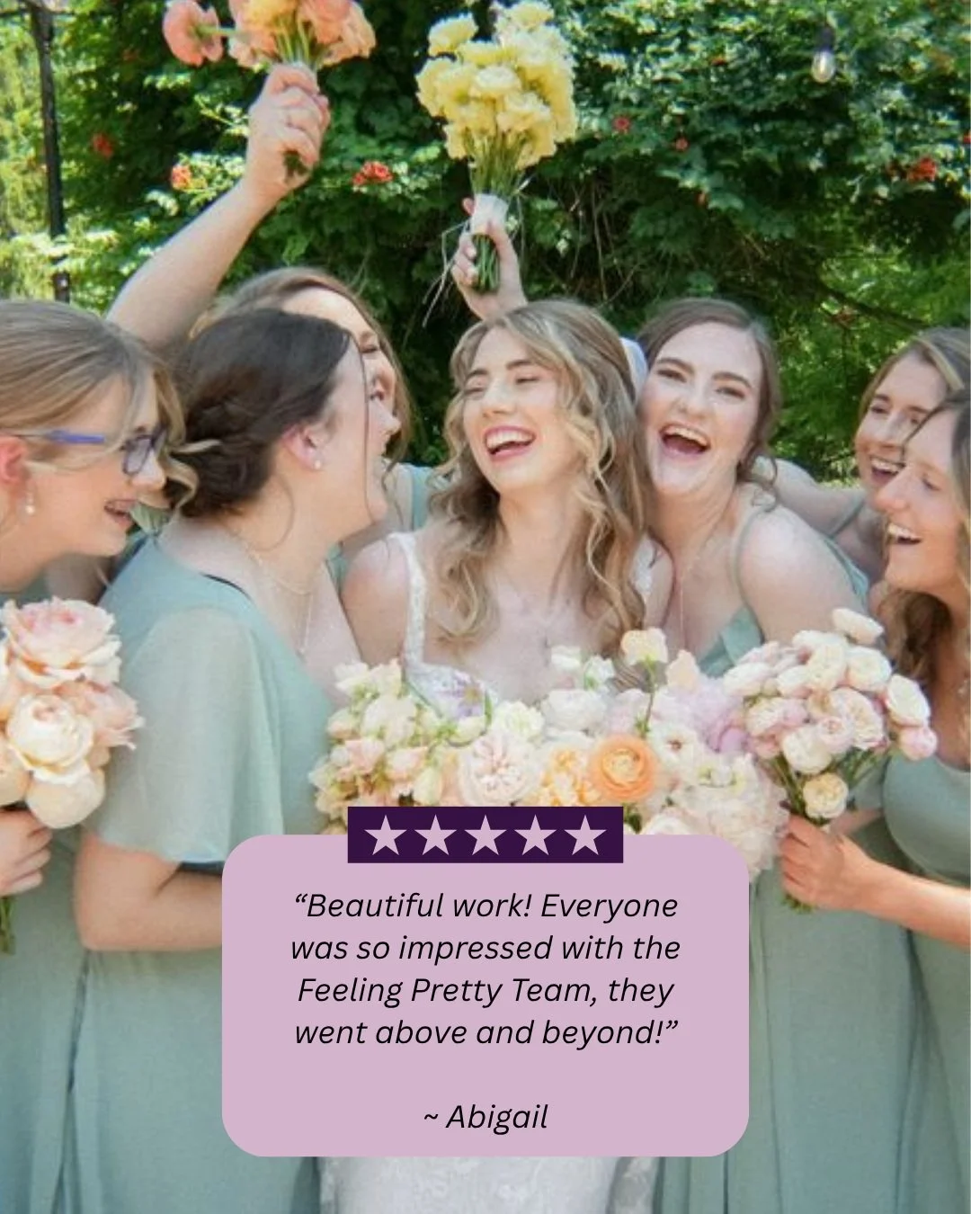 "Beautiful work! Everyone was so impressed with the Feeling Pretty Team, they went above and beyond!

The Feeling Pretty Team made all of us feel beautiful on my wedding day! When they saw that one of my bridesmaid's hair didn't hold curl well i