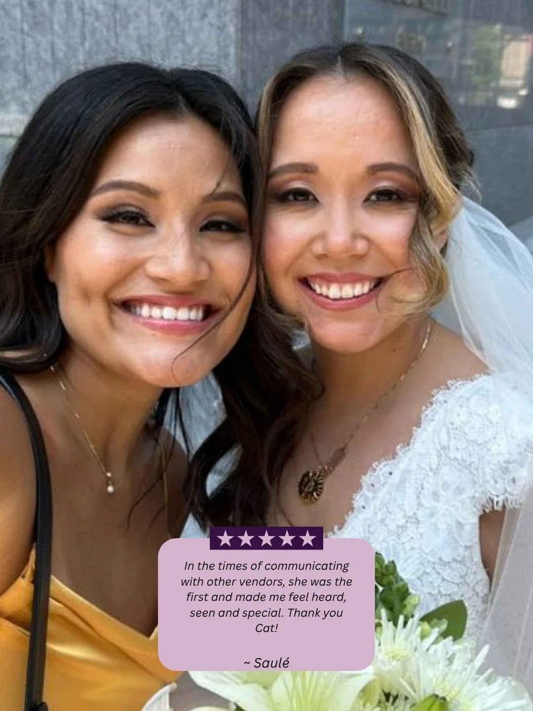 "Perfect Day!
Cat, my coordinator was incredibly fantastic with listening to what I wanted for my hair and makeup. She was attentive, kind and sweet. She communicated with me and never made me feel stressed or anxious coming up to my wedding day