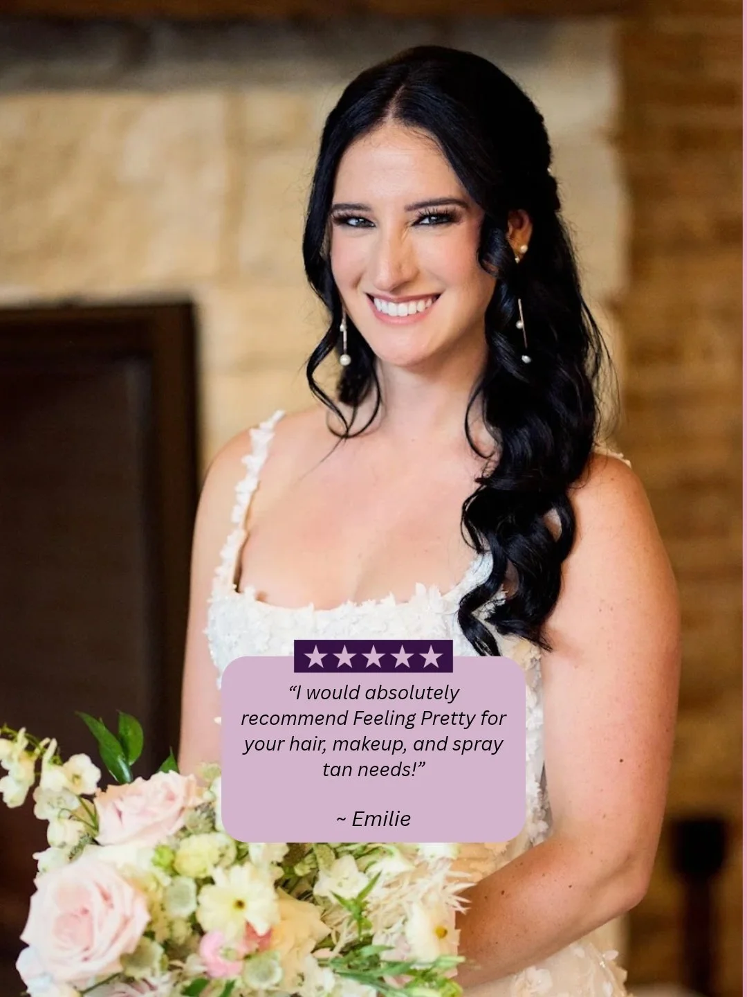 "Cat was so easy to work with and made the hair and makeup process for my wedding so seamless! Cat did my spray tan for my bridal shower as well and it was the best spray tan I have ever gotten. All of my bridesmaids felt so beautiful all day on
