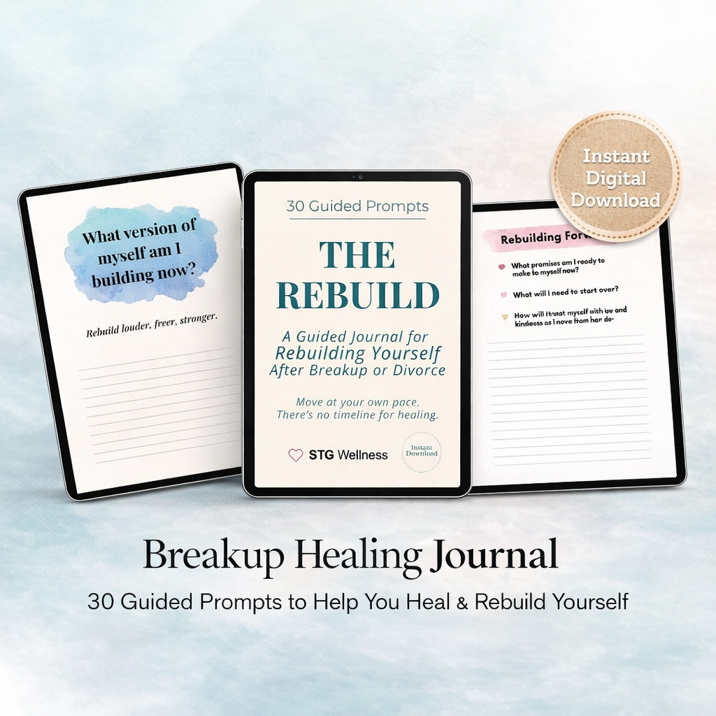 The image shows a breakup healing journal titled "The Rebuild," featuring guided prompts for self-rebuilding after breakup or divorce. There are three pages displayed: one with a prompt "What version of myself am I building now?" and a quote "Rebuild louder, freer, stronger," another with a prompt "Rebuilding For," and another with a list of questions about making promises to oneself. Additionally, there is a badge indicating "Instant Digital Download."