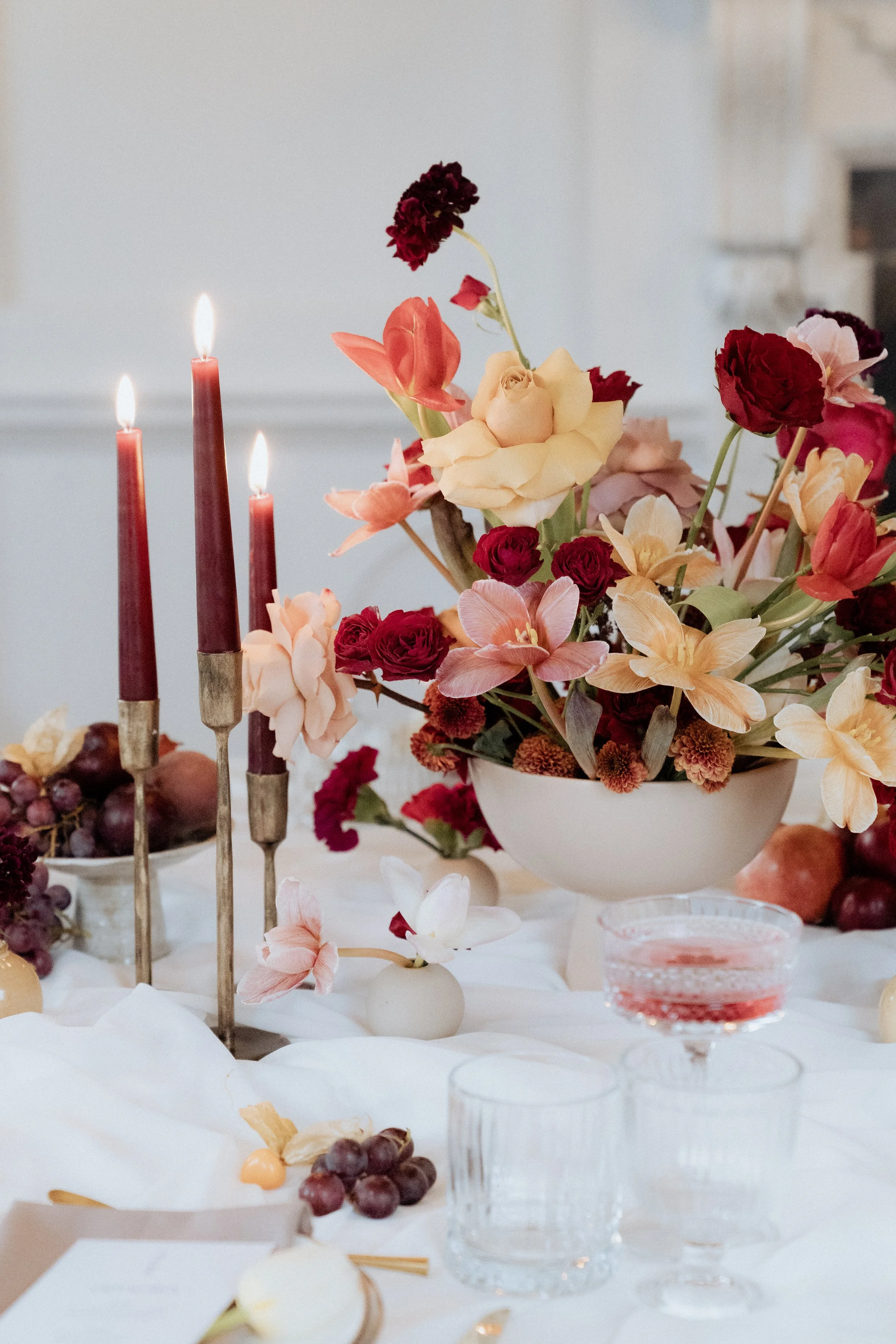 Editorial wedding tablescape inspired by Garthmyl Hall, featuring sculptural florals, soft candlelight and refined styling, photographed with a romantic, fashion-led aesthetic by Cleo Stella Photography.