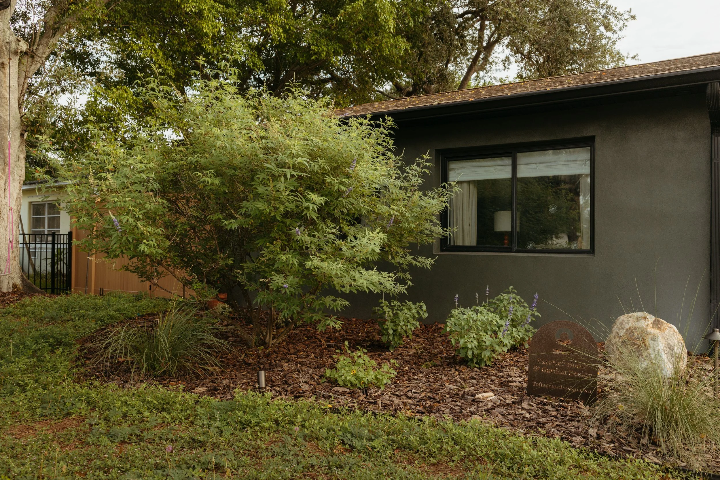Front yard garden design and installation with Florida-friendly and native plants, boulders, and native groundcover