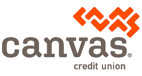 Canvas Credit Union logo with orange abstract design above the word 'canvas' in lowercase gray letters and 'credit union' in smaller gray text underneath.