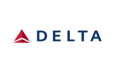 Delta Airlines logo with a red triangular icon and the word 'DELTA' in blue capital letters