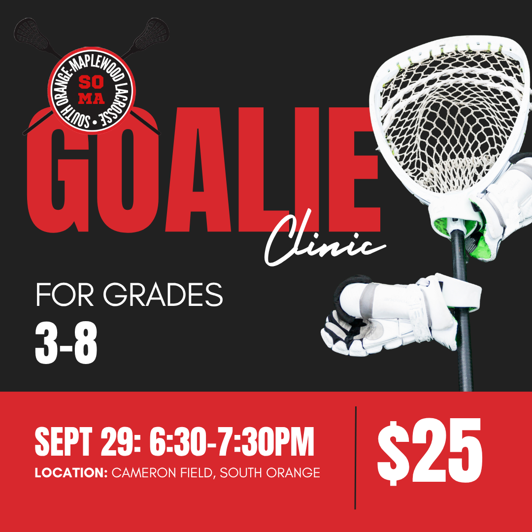 Graphic design advertising a goal clinic for grades 3-8, featuring a close-up of a lacrosse stick and a glove on a dark background.