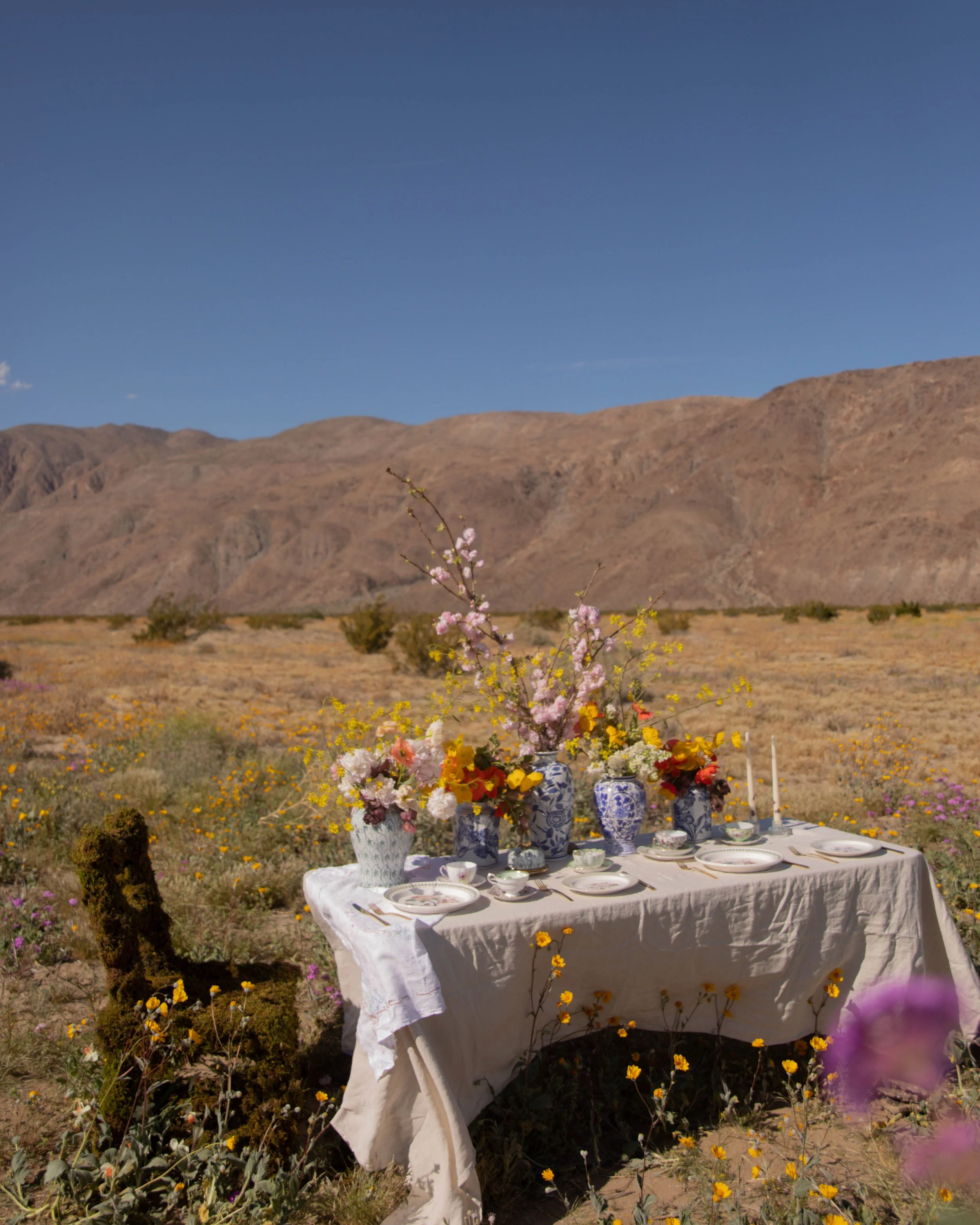 A decorated table set with floral vases, plates, and candles in a desert landscape with mountains and wildflowers.