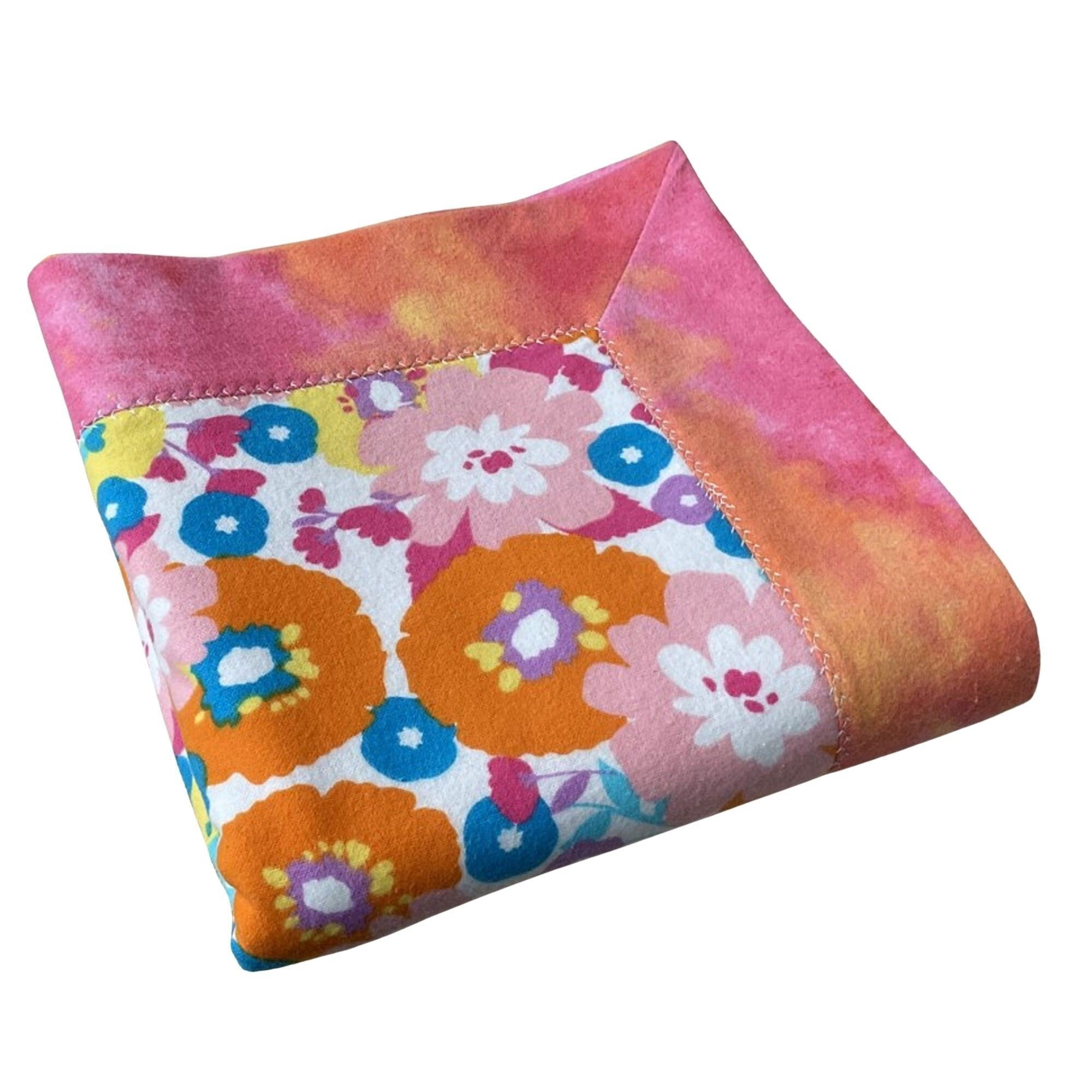 Modern Bright Flowers, Pink Tie-Dye Backing, Self Binding Flannel Baby Girl Receiving Blanket.