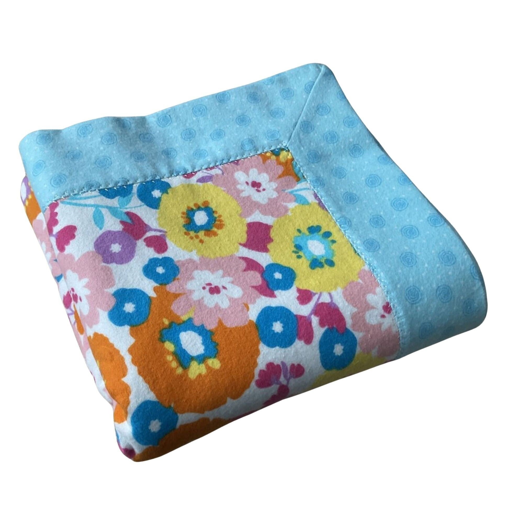 Girl's Colorful Flowers, Aqua Swirls, Self Binding Handmade Flannel Receiving Blanket.