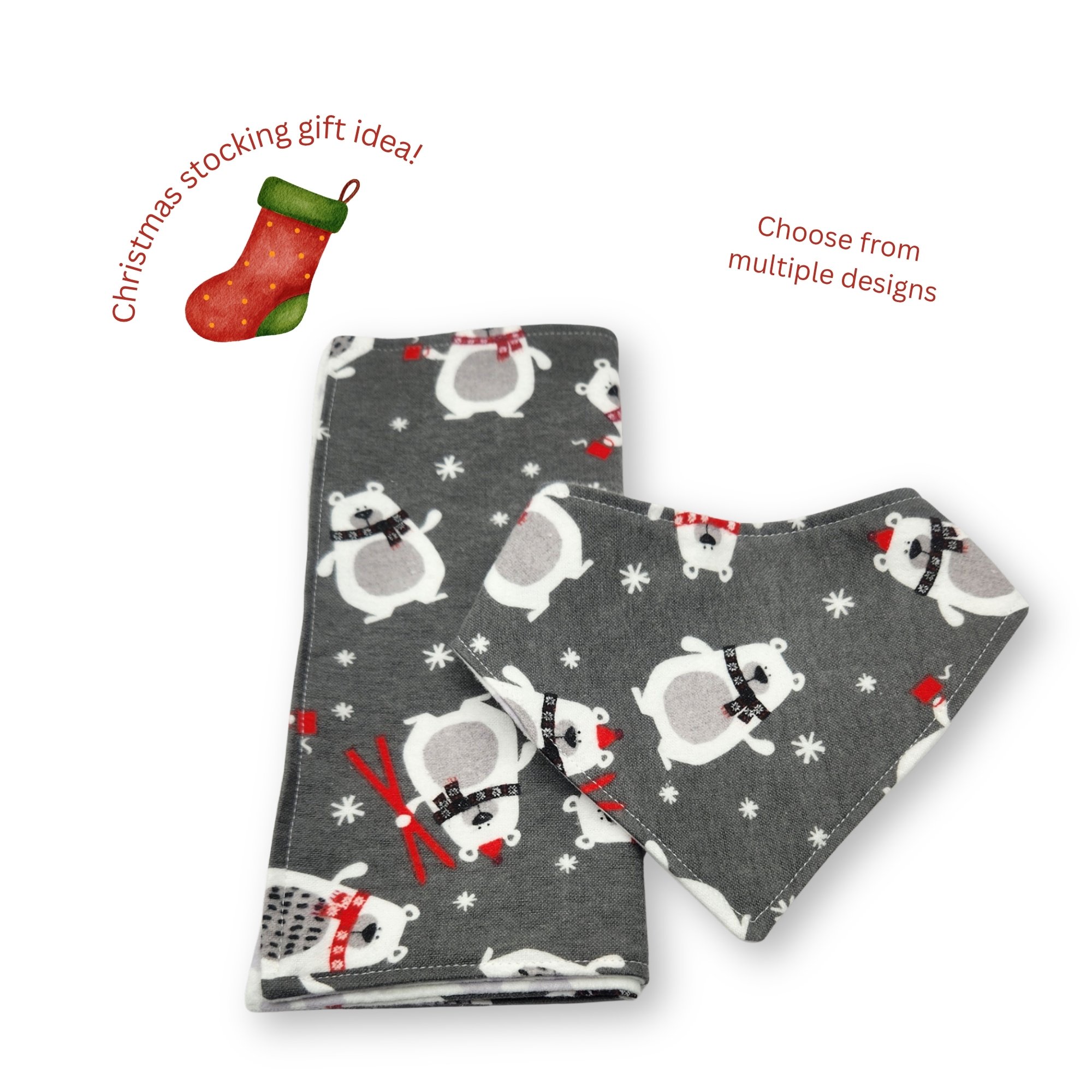 Christmas Holiday Flannel Baby Bandana Bib/Burp Gift Set: Handmade Double-Sided