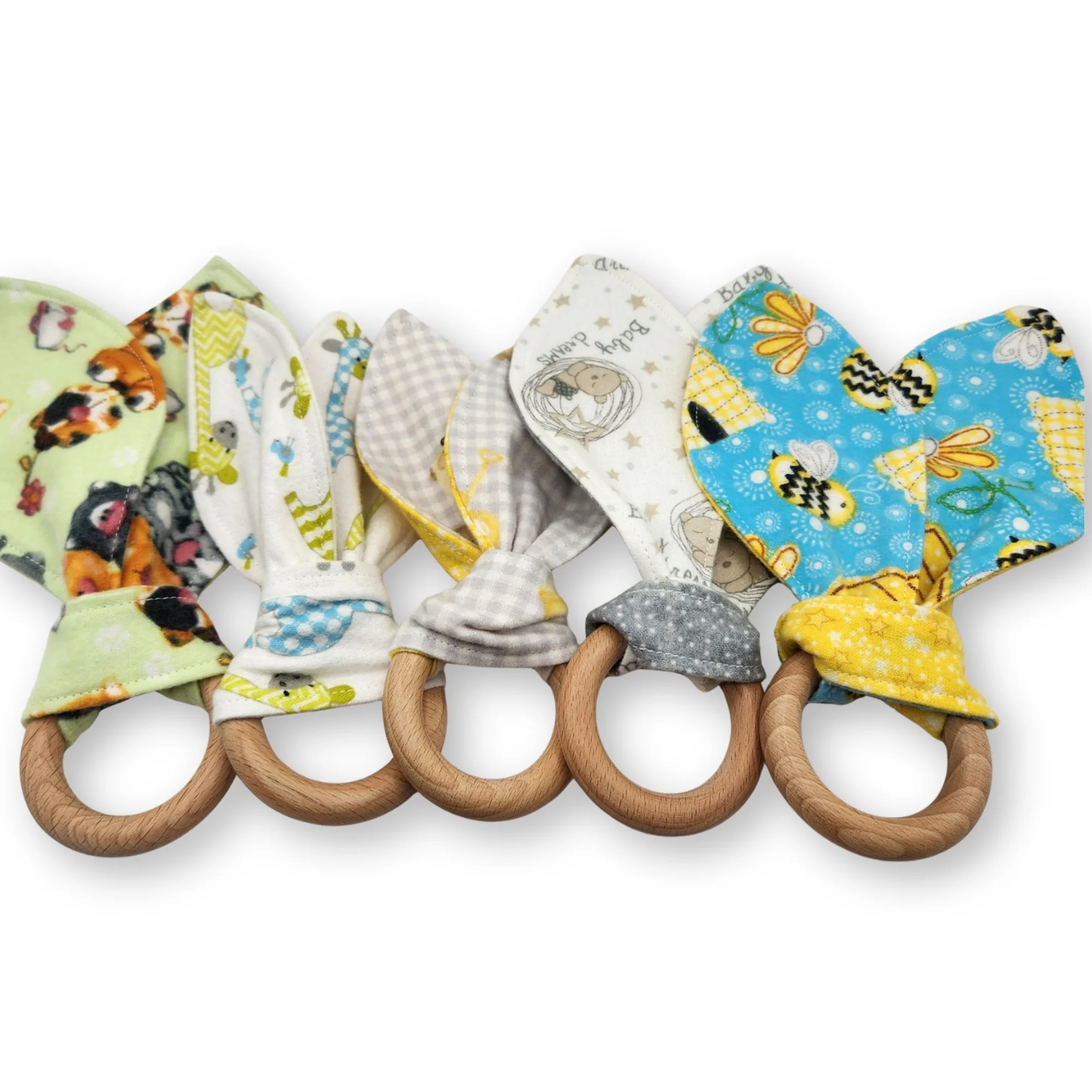 Flannel Bunny Ears Gender Neutral Handmade Beechwood Teething Ring, Montessori Inspired Infant Toy