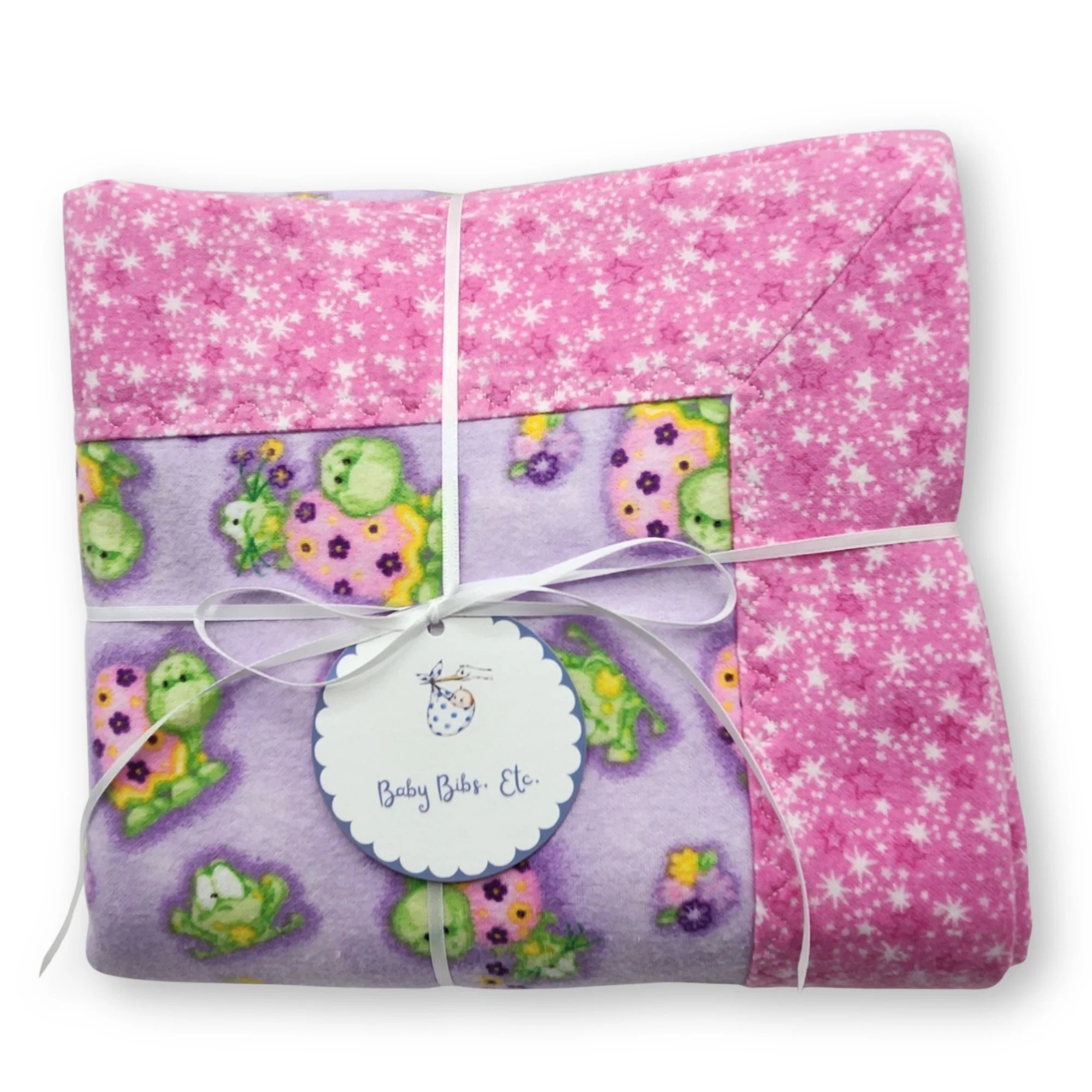 Flannel Baby Girl Blanket, Purple Turtles and Pink Stars, Handmade Newborn Gift, Soft Receiving Blanket for Baby Shower