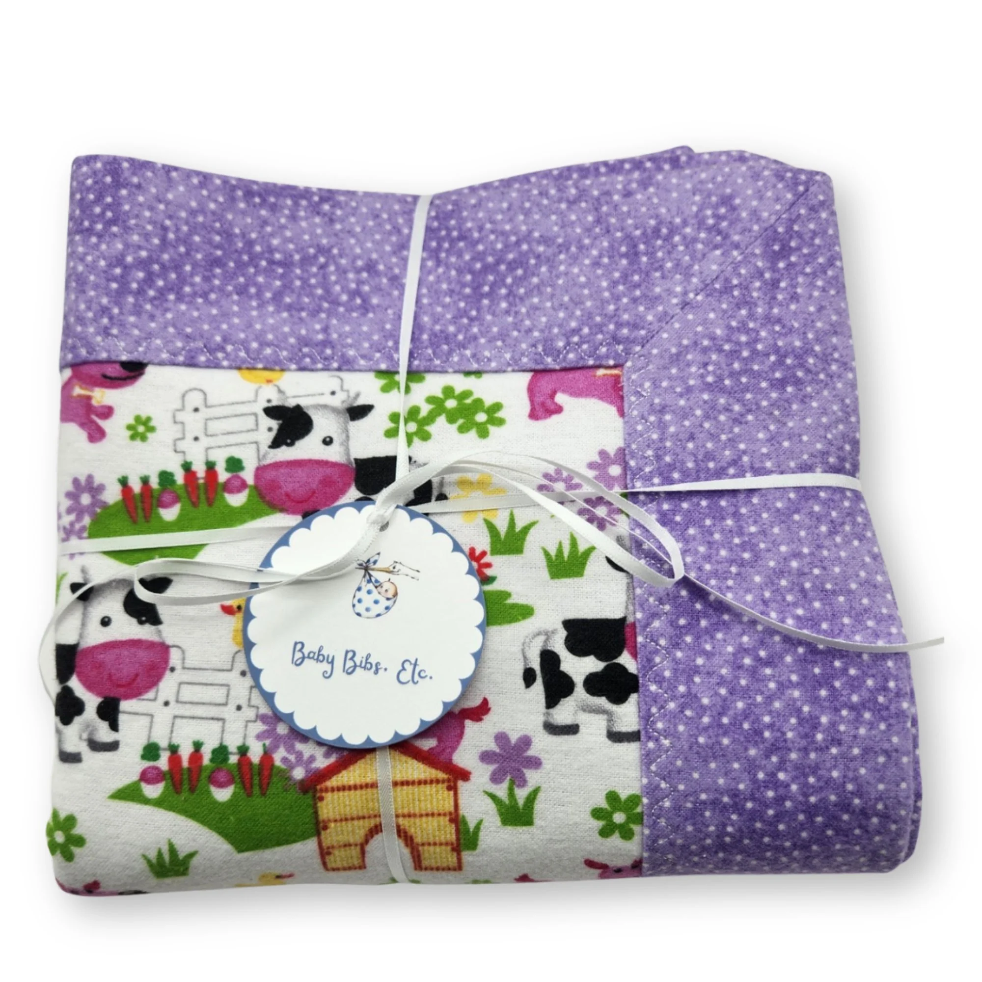 Handmade Flannel Baby Girl Blanket: Purple & Pink Farm Animal Nursery Print