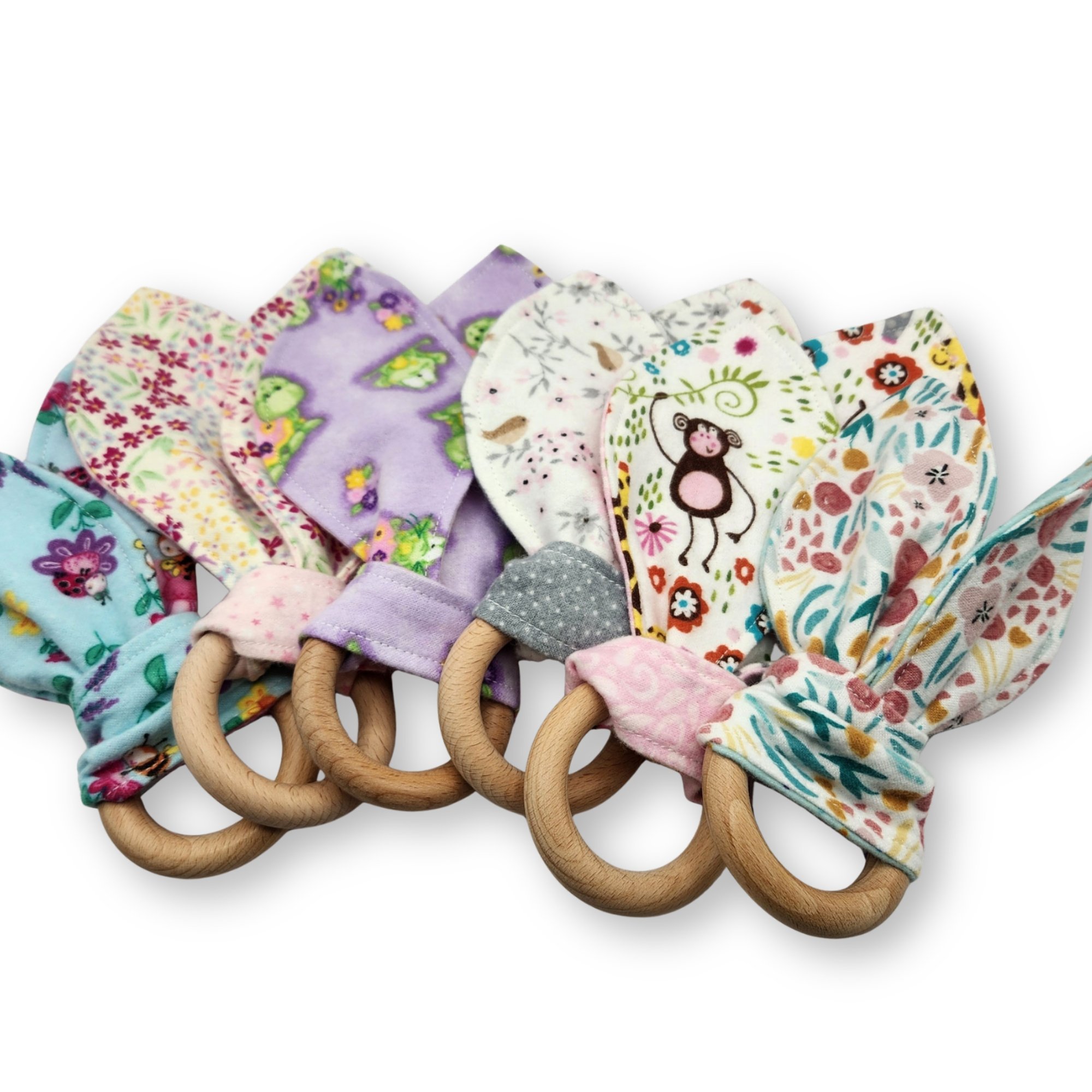 Flannel Bunny Ears Girl's Handmade Beechwood Teething Ring, Montessori Inspired Infant Toy