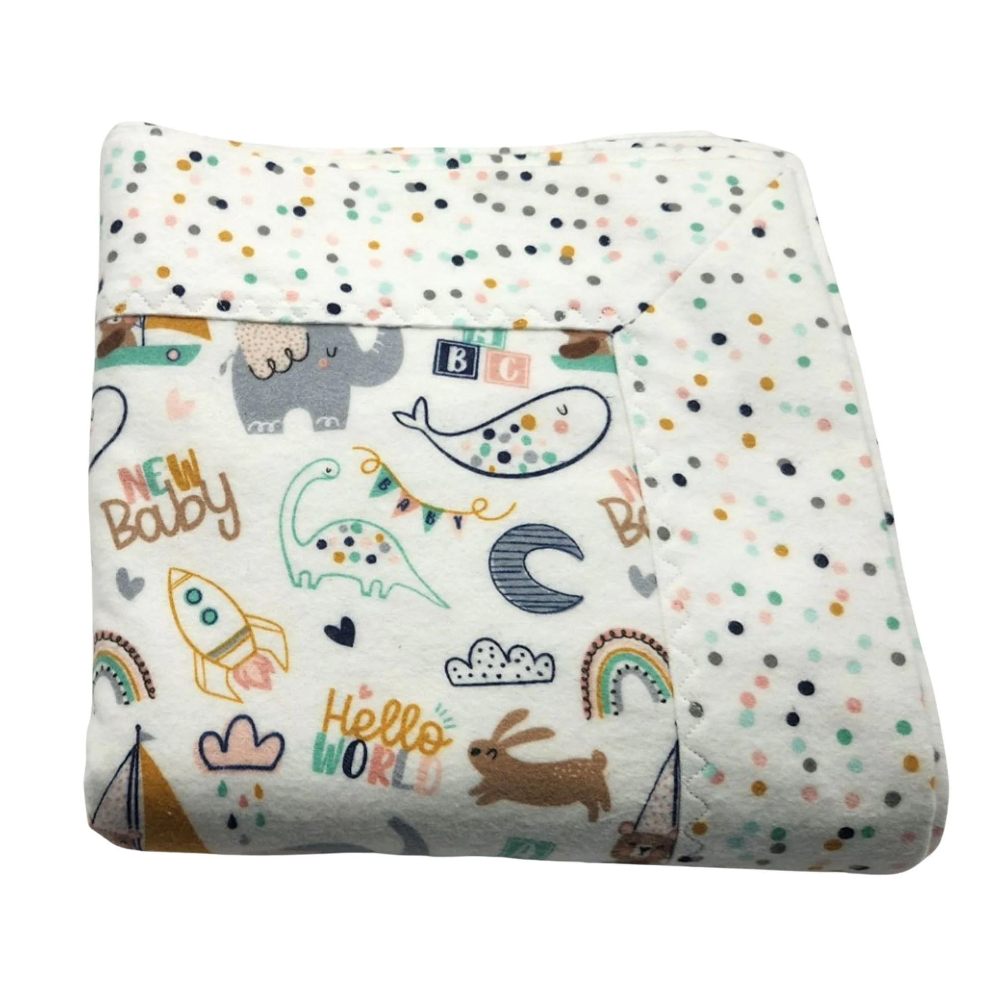 New Baby Handcrafted Gender Neutral Self Binding Reversible Flannel Blanket Gift