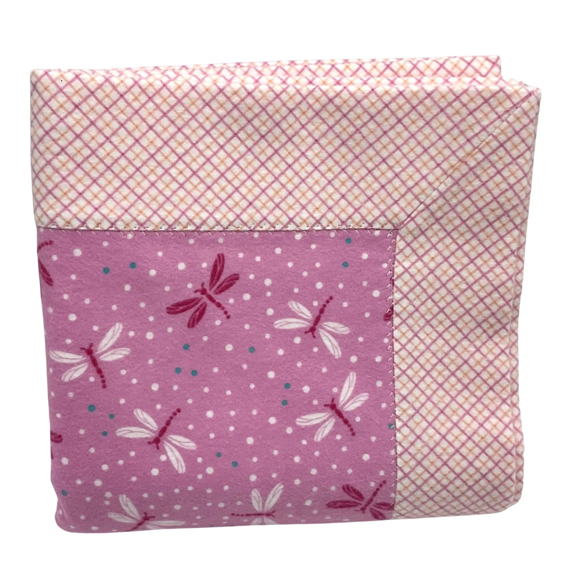 Pink Fireflies, Pink Lattice Plaid Backing, Self Binding Handmade Flannel Baby Girl Blanket, Welcome Newborn