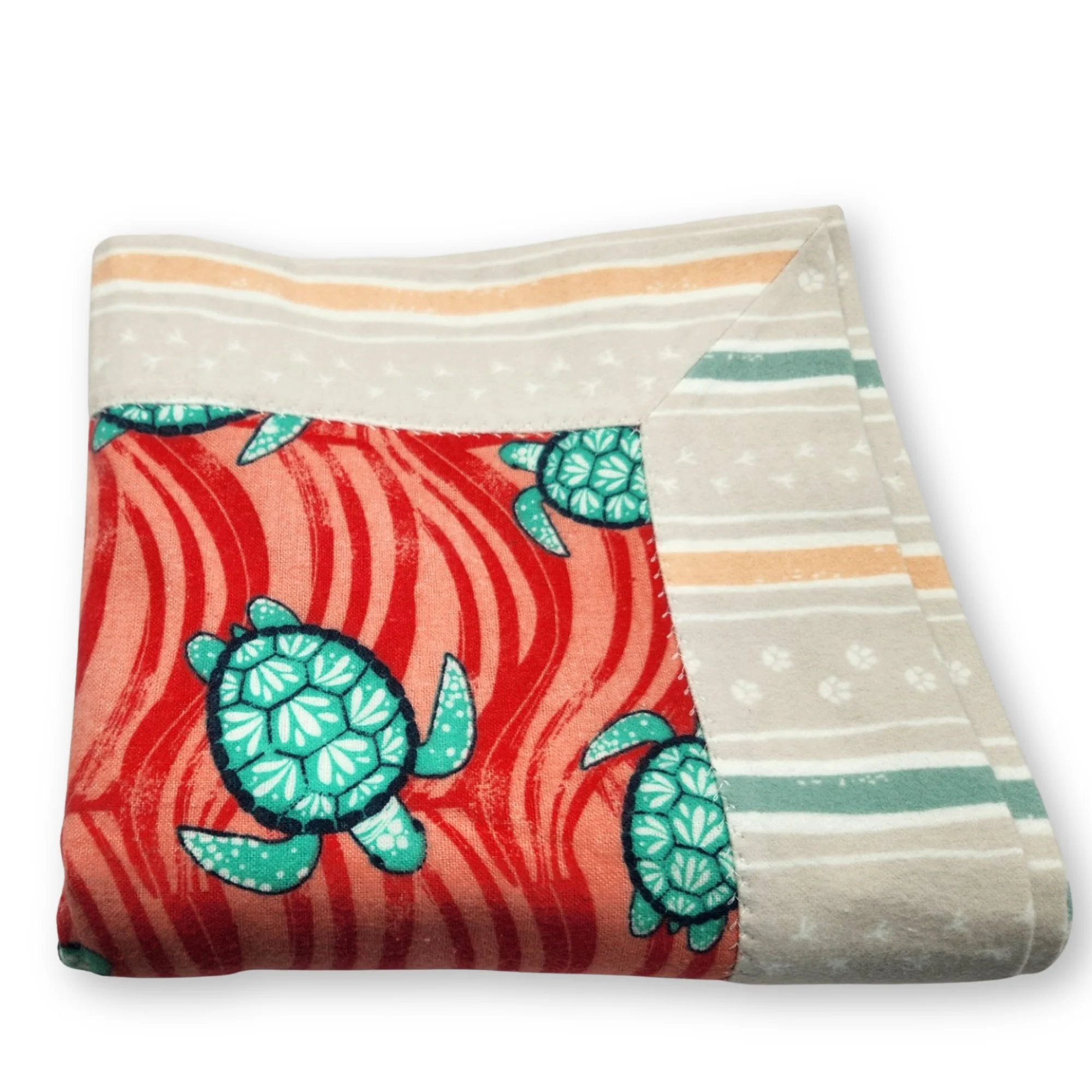 Turtles on Coral, Striped Backing, Self Binding Reversible Flannel Receiving Blanket, Baby Shower Gift
