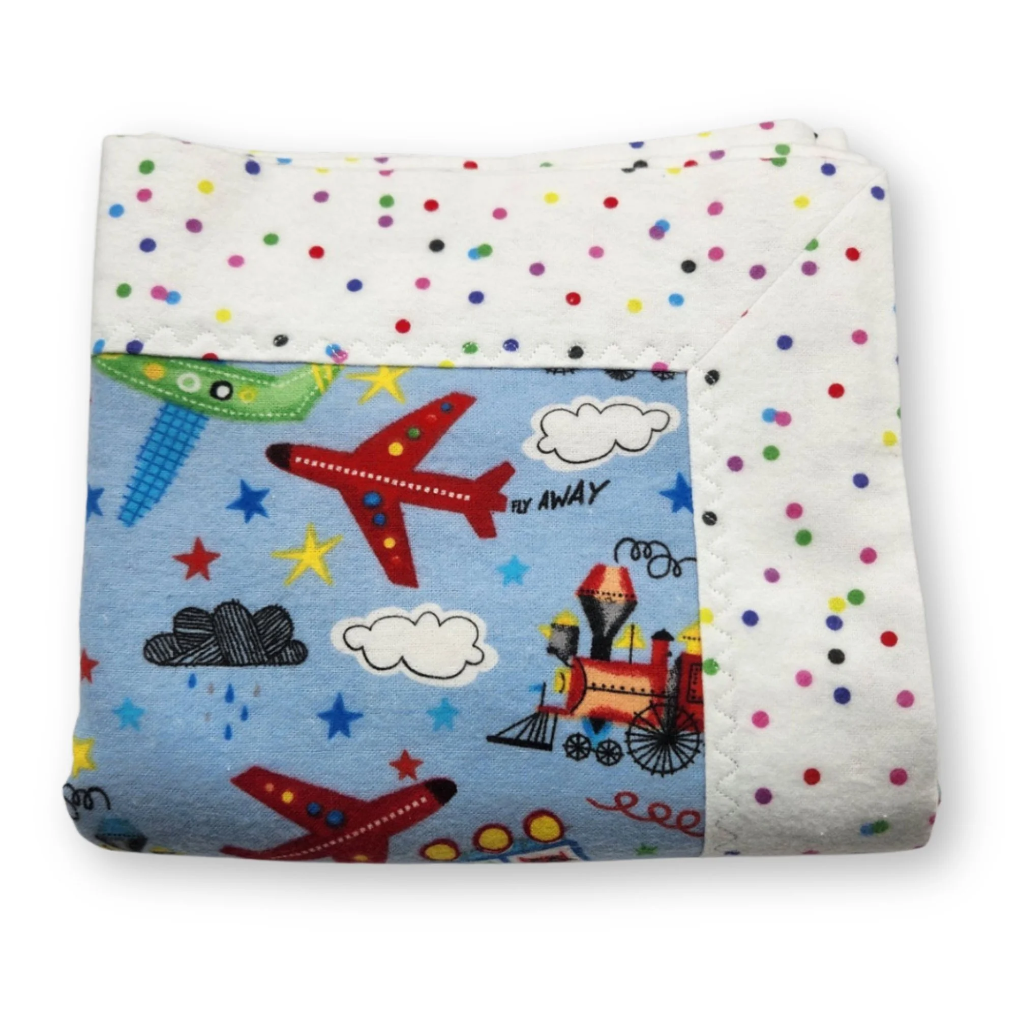 Handmade Double-Sided Flannel Baby Boy Receiving Blanket with Planes, Trains, & Cars