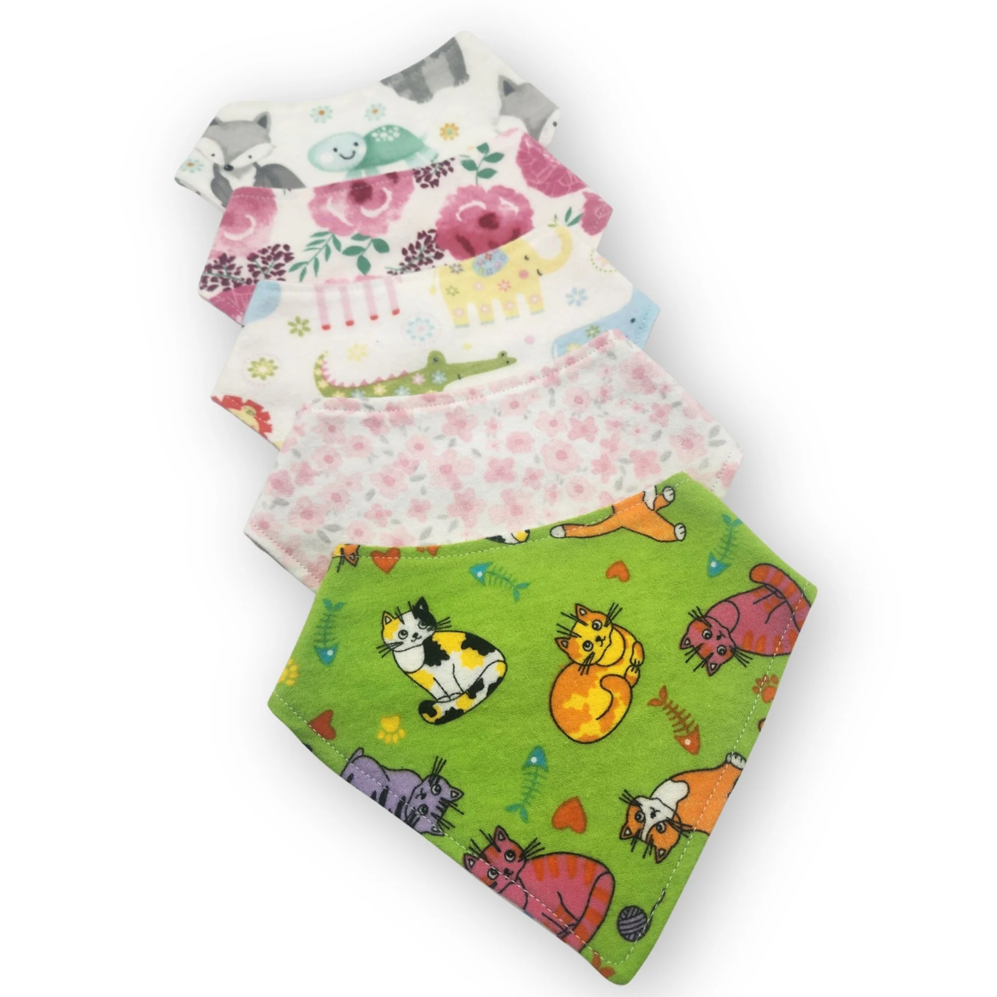Set of 5 Handmade Flannel Bandana Bibs, Reversible Nursery Prints, Baby Shower Gift