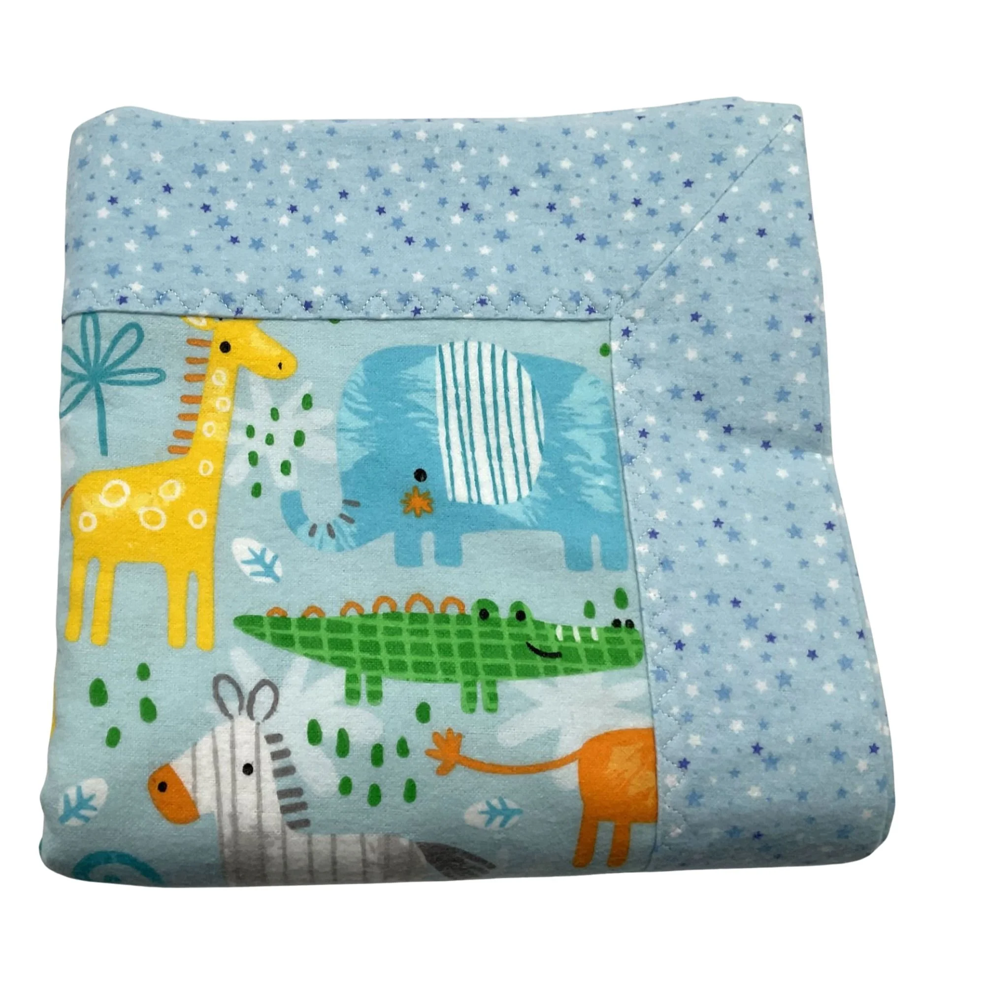 Handcrafted Flannel Double Sided Baby Boy Blanket in Blue with Jungle Animals