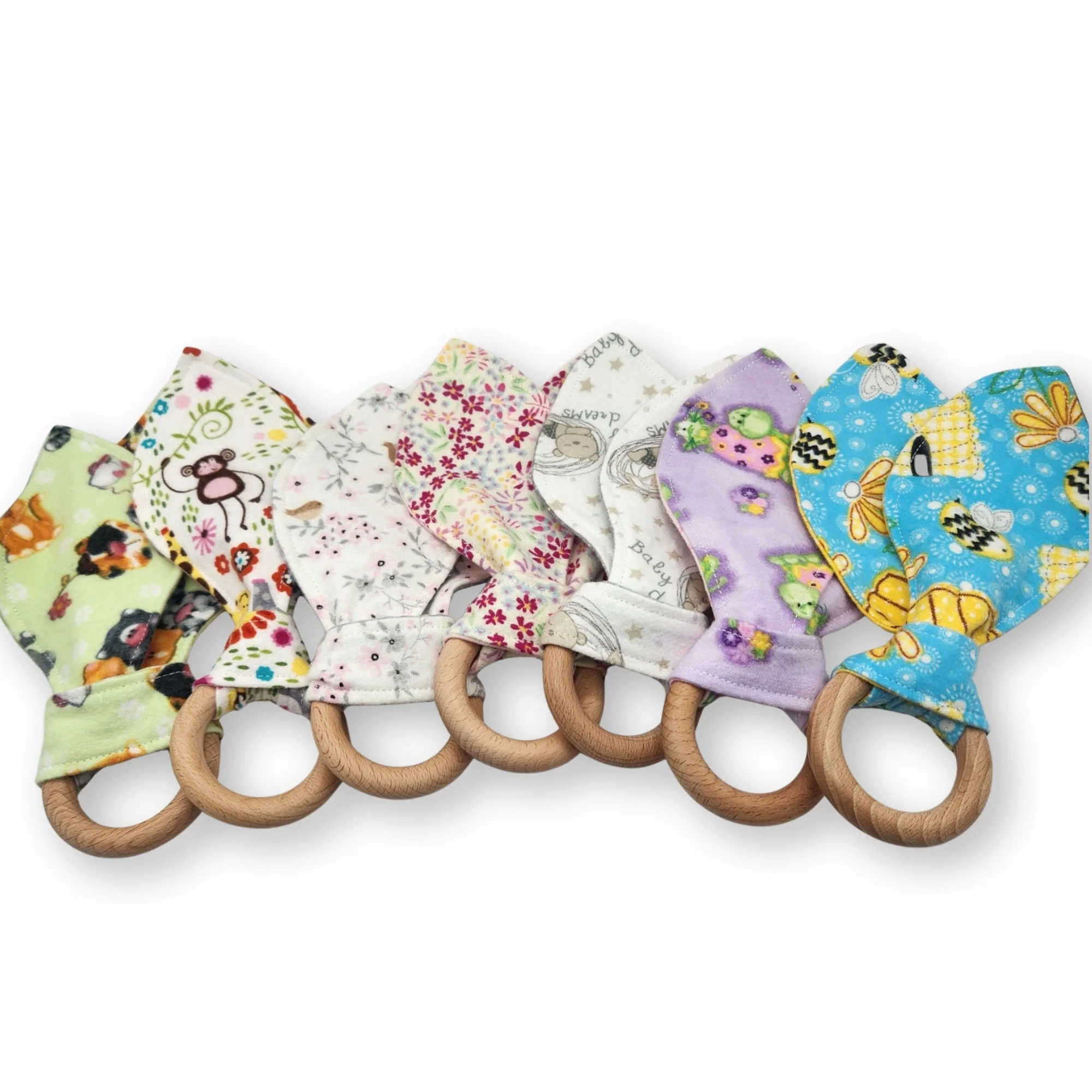 8 Inch Flannel Bunny Ears Handmade Beechwood Teething Ring, Montessori Inspired Infant Toy