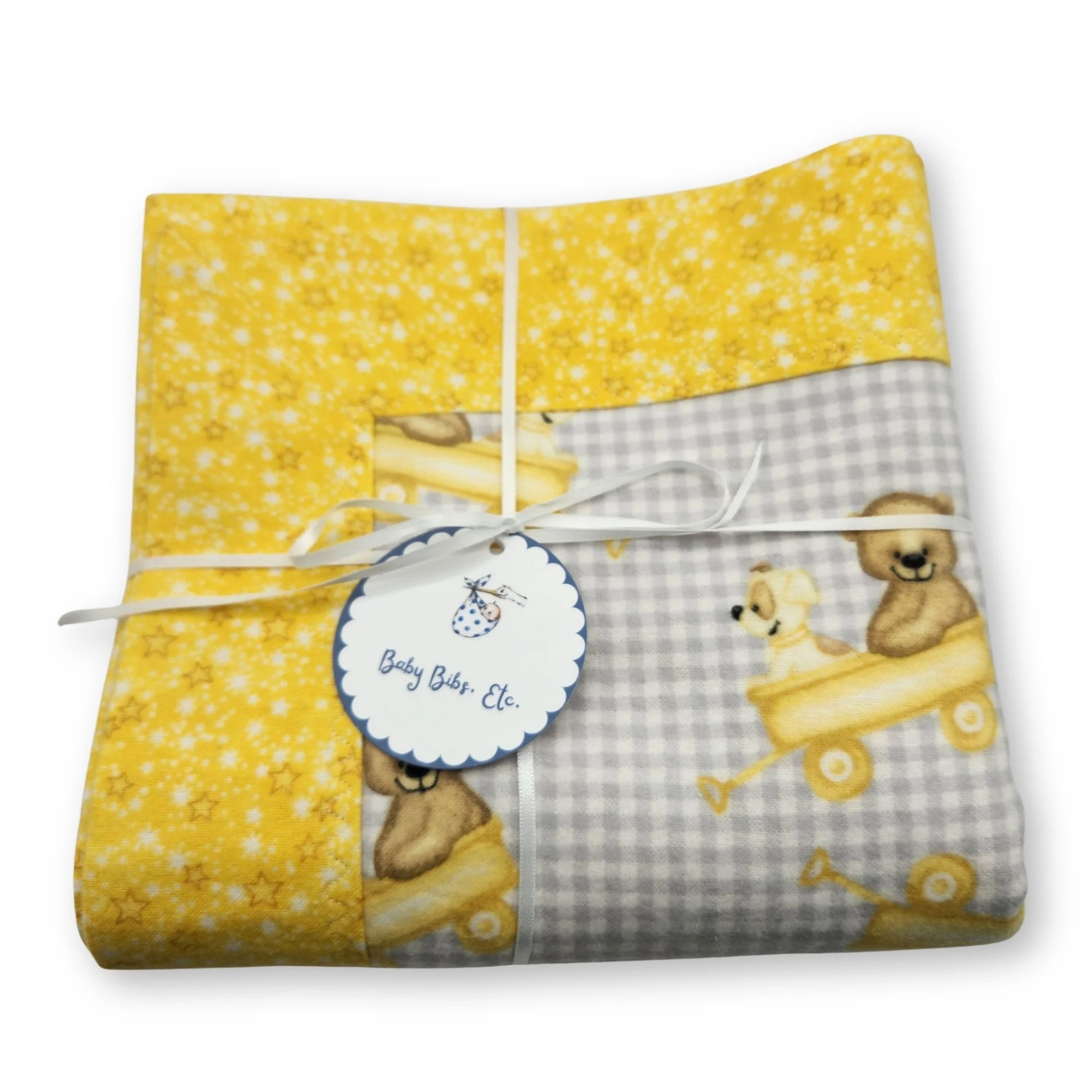 Handmade Flannel Baby Blanket: Teddy Bear in Wagon Gender Neutral Nursery Print