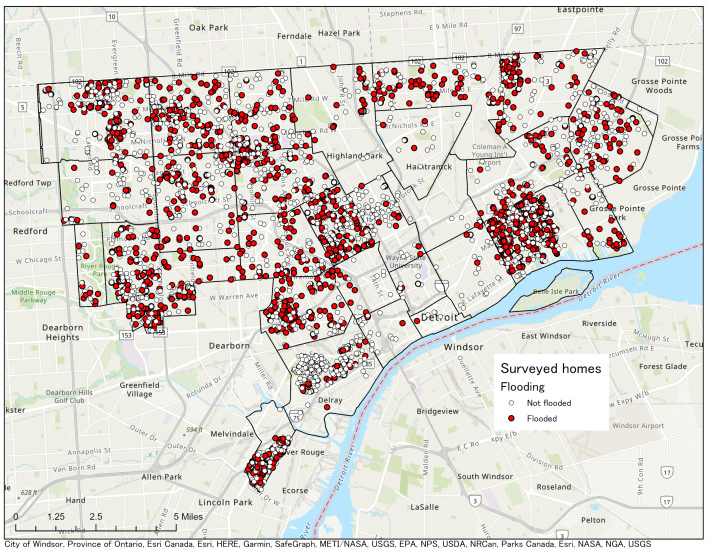 Flood map Detroit, showing homes flooded during 2021 storm. High effected areas include Jefferson Chalmers and SE Michigan