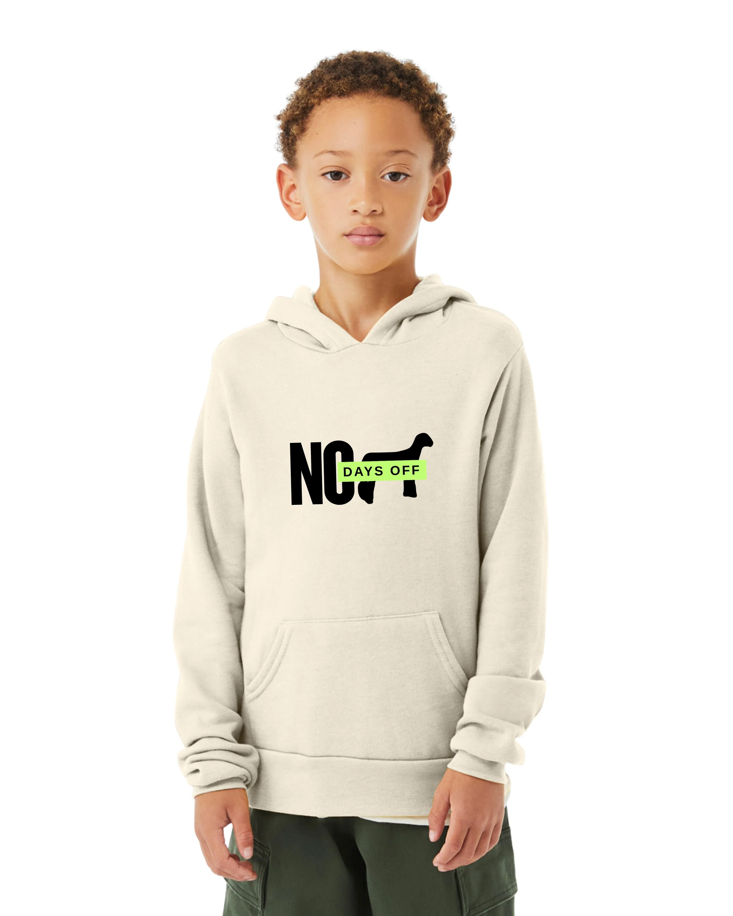 No Days Off Youth Hoodie Front - Natural.jpg