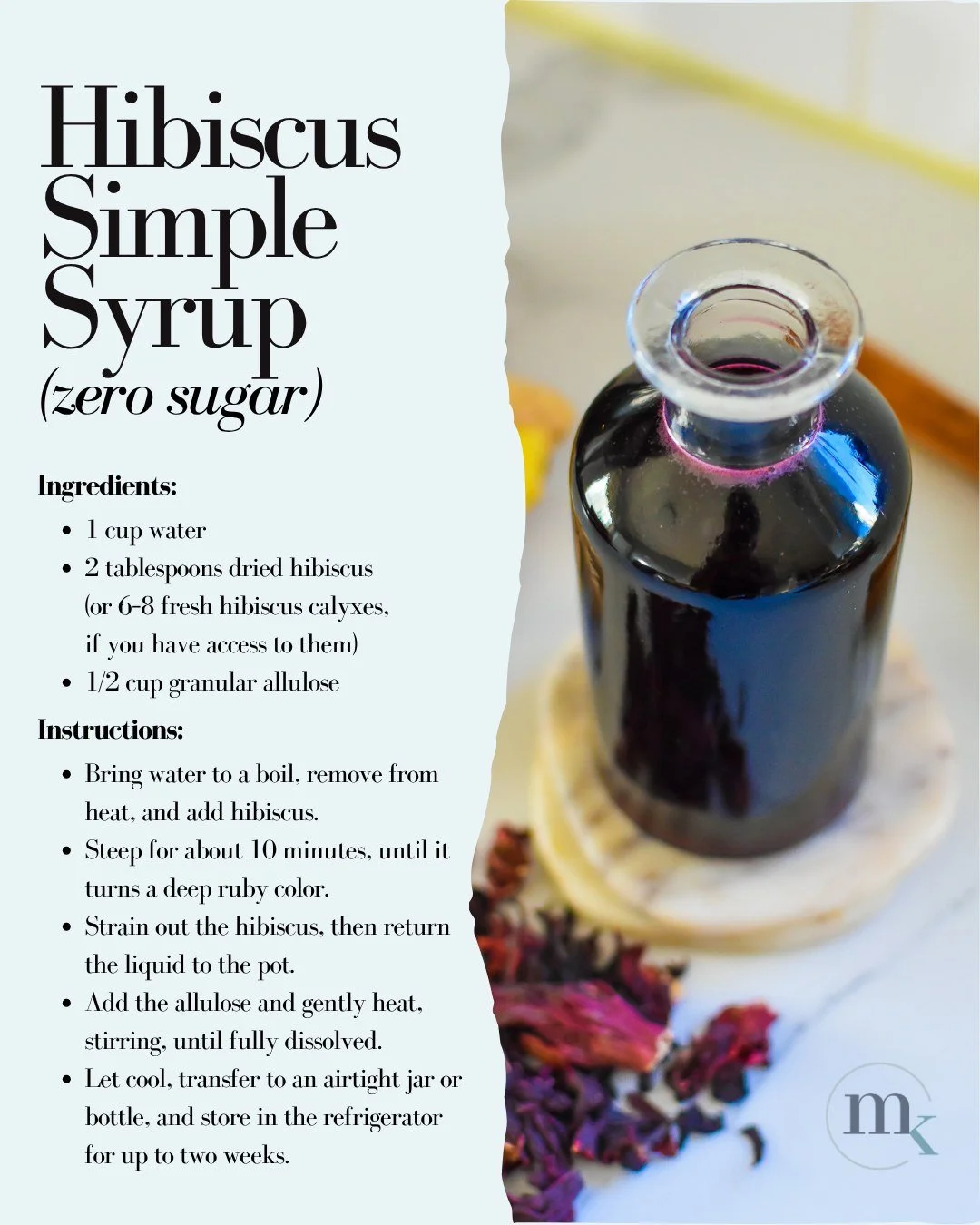 Hibiscus simple syrup = the easiest way to give sparkling water or a zero-proof cocktail a bright, tart upgrade. 

It brings that cranberry-pomegranate vibe, looks gorgeous in a glass, and the best part? A splash of lemon or lime turns it the prettie