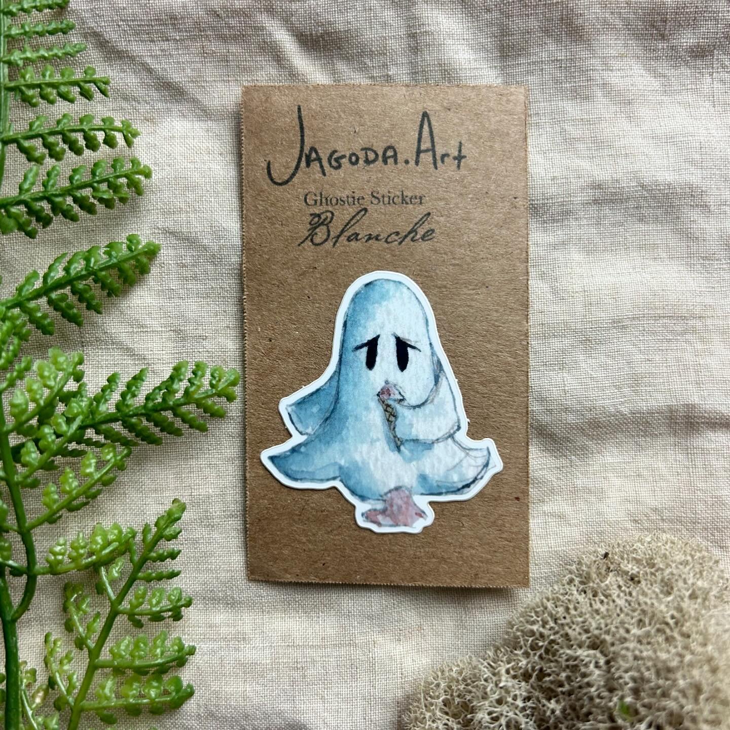 Ghostie Blanche is feeling the heat today! As part of my beloved Ghostie sticker series, Blanche, like all her spooky pals, is designed to brave the elements&mdash;rain or shine! Swipe to meet more of these charming specters.

Did you know? All my st