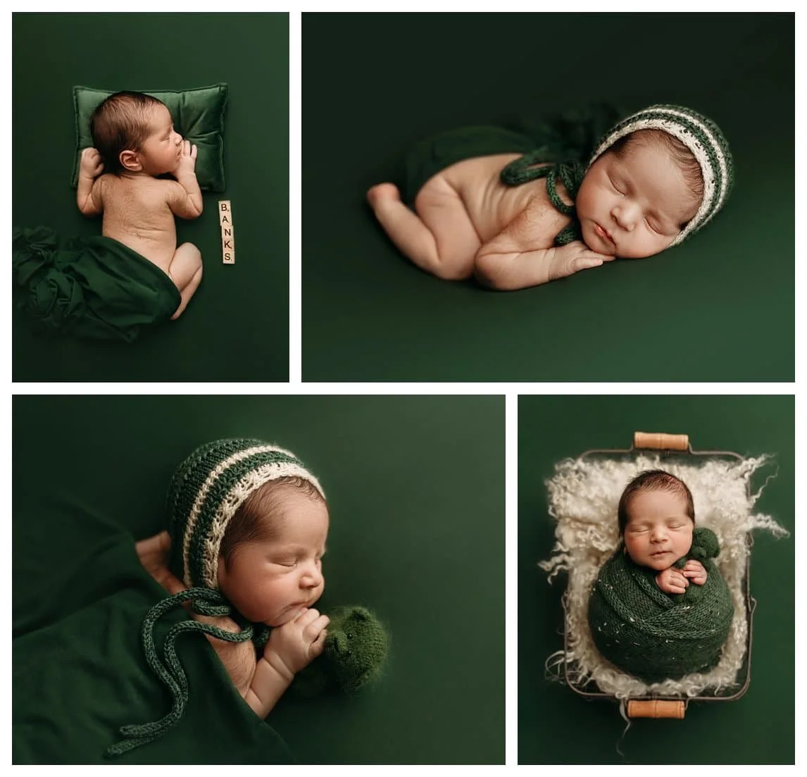 Luxury Emerald Green Studio Newborn Portrait Session Collage