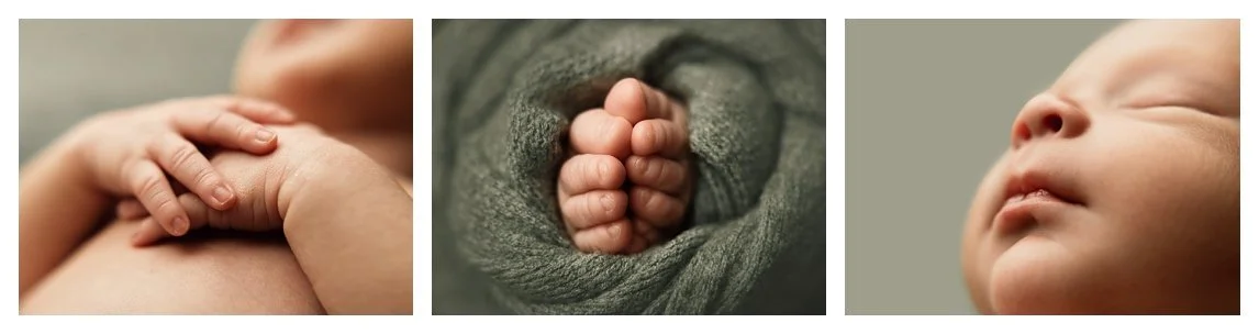 A three-panel newborn collage of macro details. The left shows a close-up of tiny fingers; the middle displays newborn toes peeking from a sage green wrap; the right captures a profile of the baby's sleeping face.