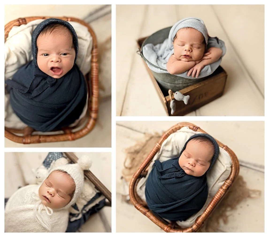 Newborn Baby Boy Prop Session with Rustic Baskets and Buckets