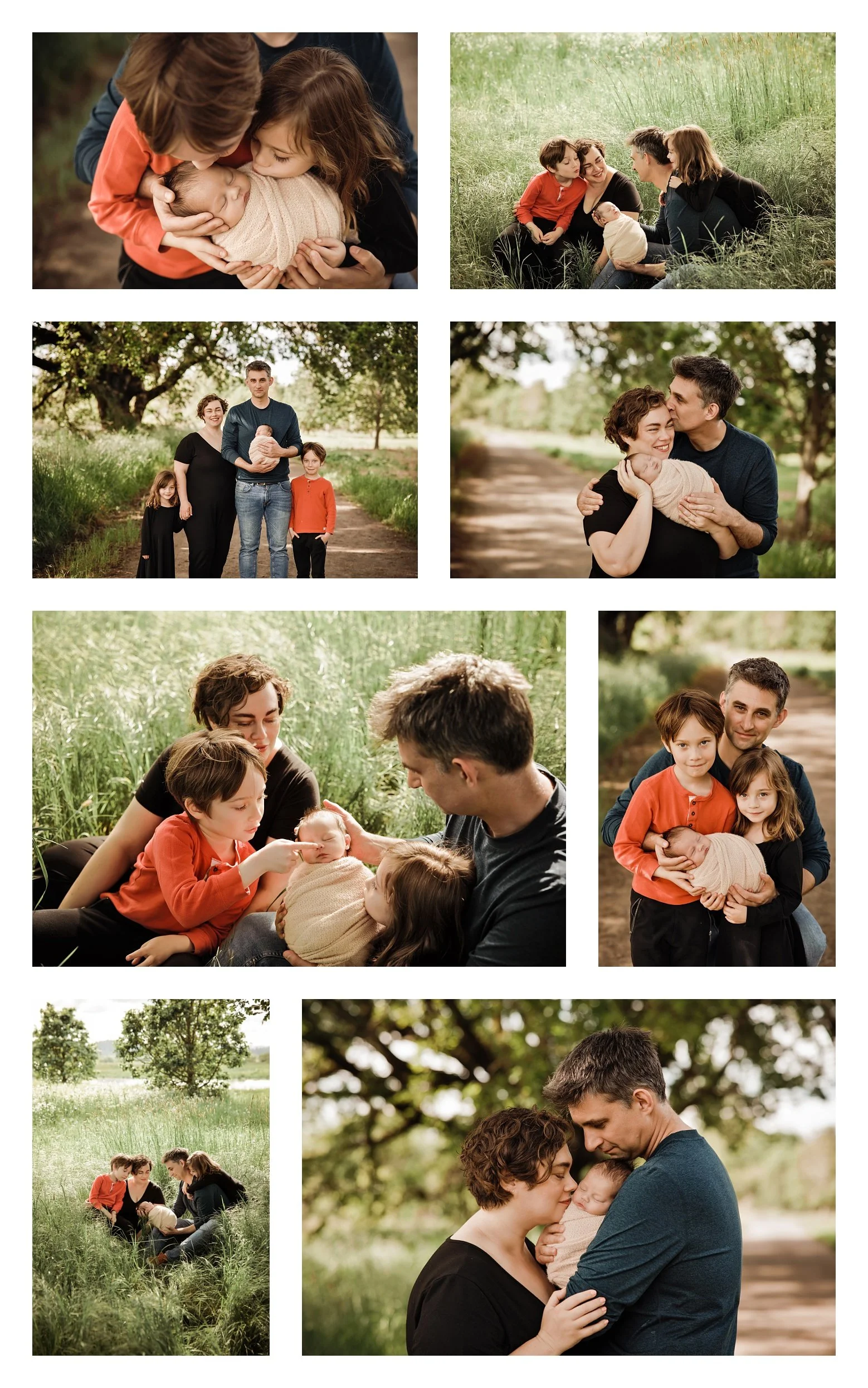 An eight-image outdoor lifestyle collage showing a family of five celebrating their newborn baby in a grassy field and wood-lined path, featuring tender sibling moments and parents holding the swaddled infant.