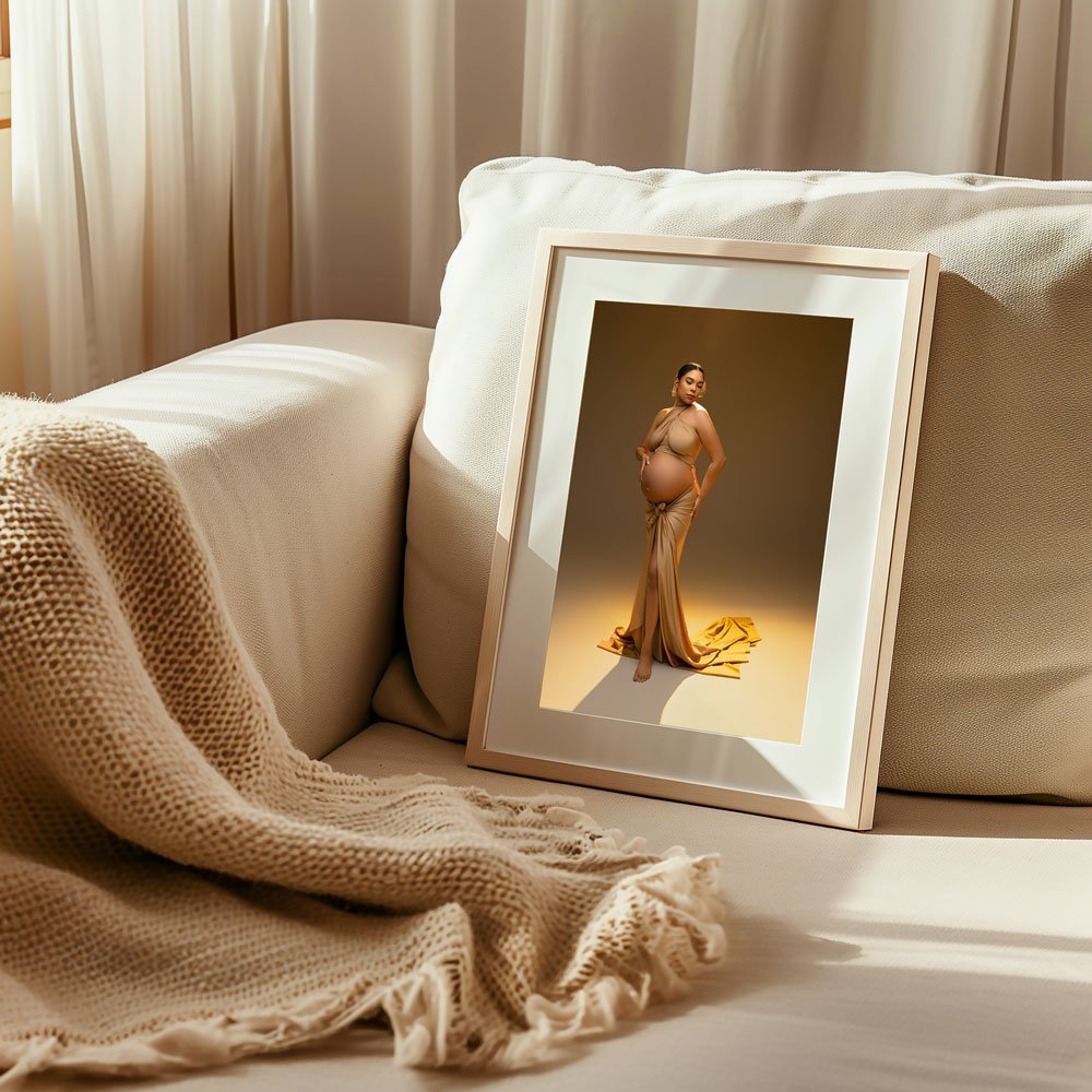 maternity fine art photograph in a frame and the living room couch in portland oregon