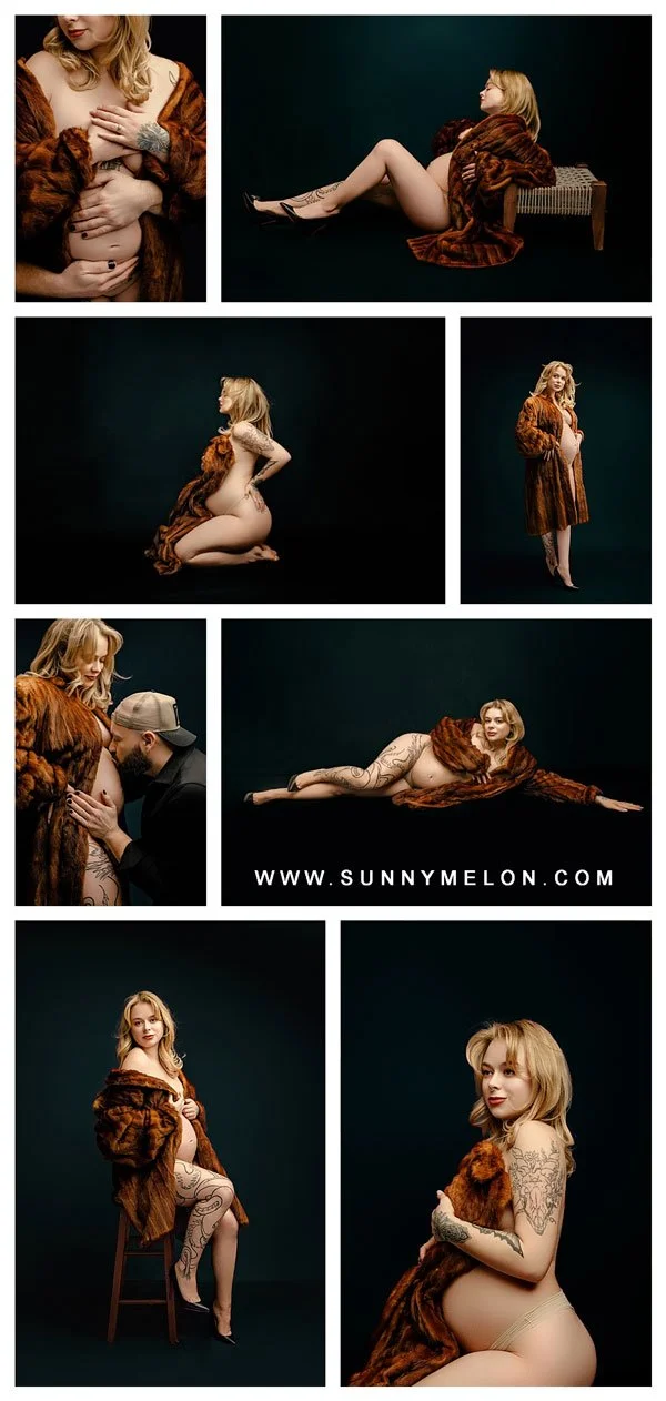 A collage of moody maternity photos featuring a woman with tattoos styled in a vintage-style fur coat against a black studio backdrop, including intimate shots with her partner.