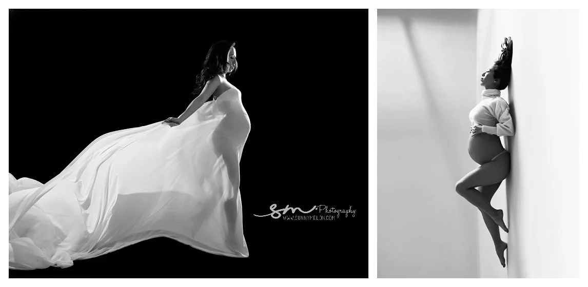 A black and white two-image studio collage; the left shows a profile silhouette of a pregnant woman with flowing white fabric against a black backdrop, and the right shows her leaning against a white wall in a turtleneck with her baby bump exposed.